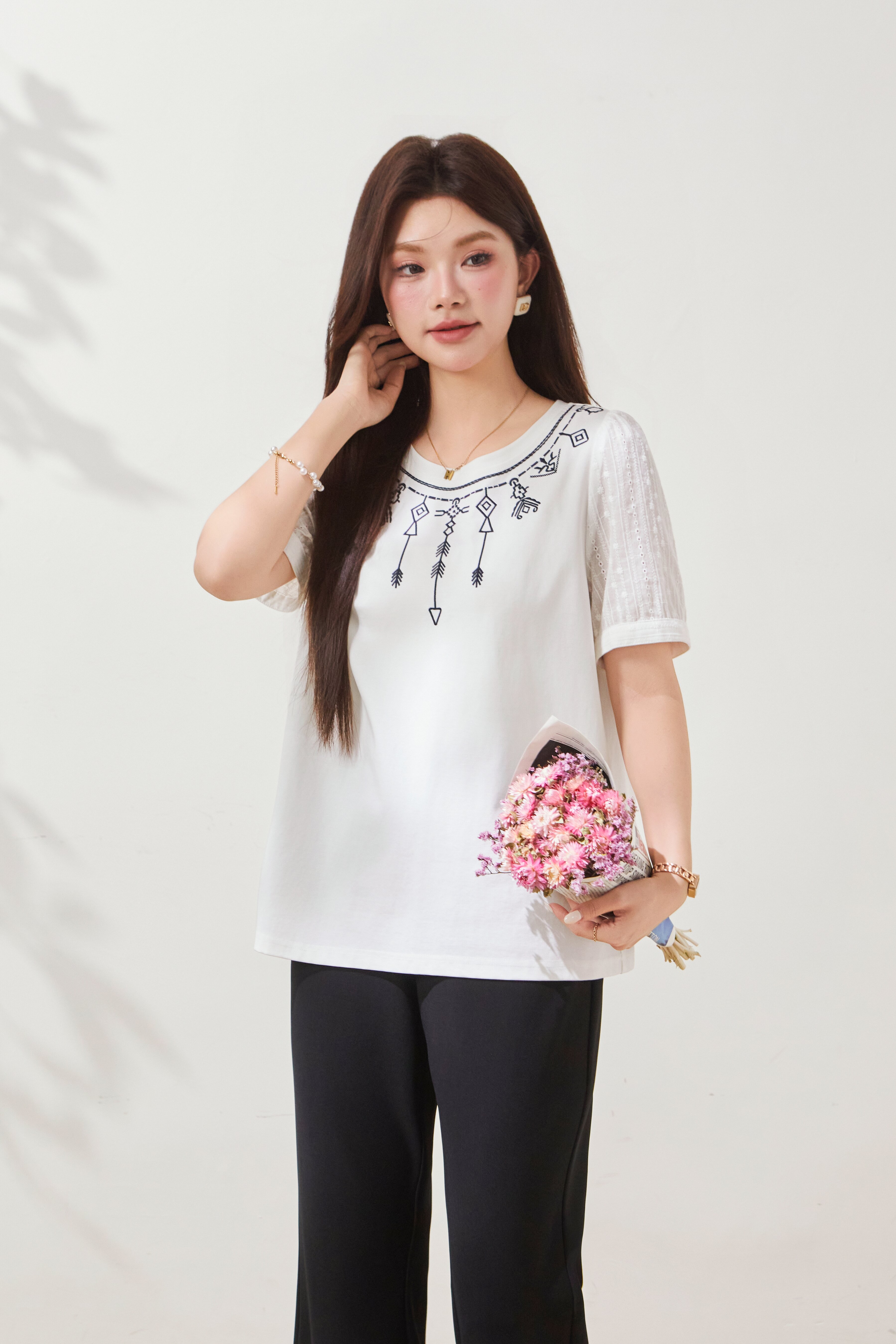 Embroidered Knit Patchwork Cotton T-Shirt FXZ6981