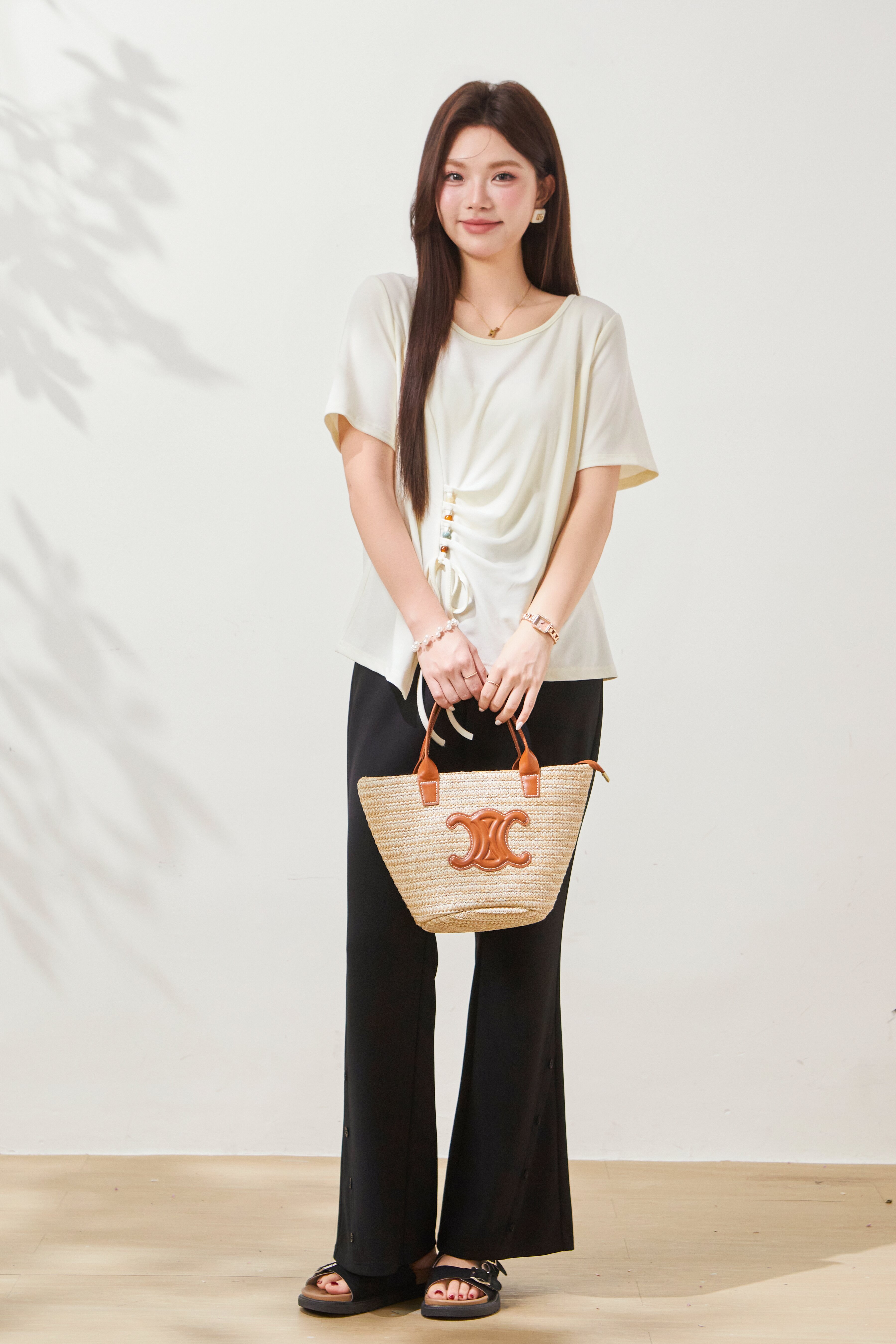 Round-neck, waist-cinching Tencel knit T-shirt FXZ7072