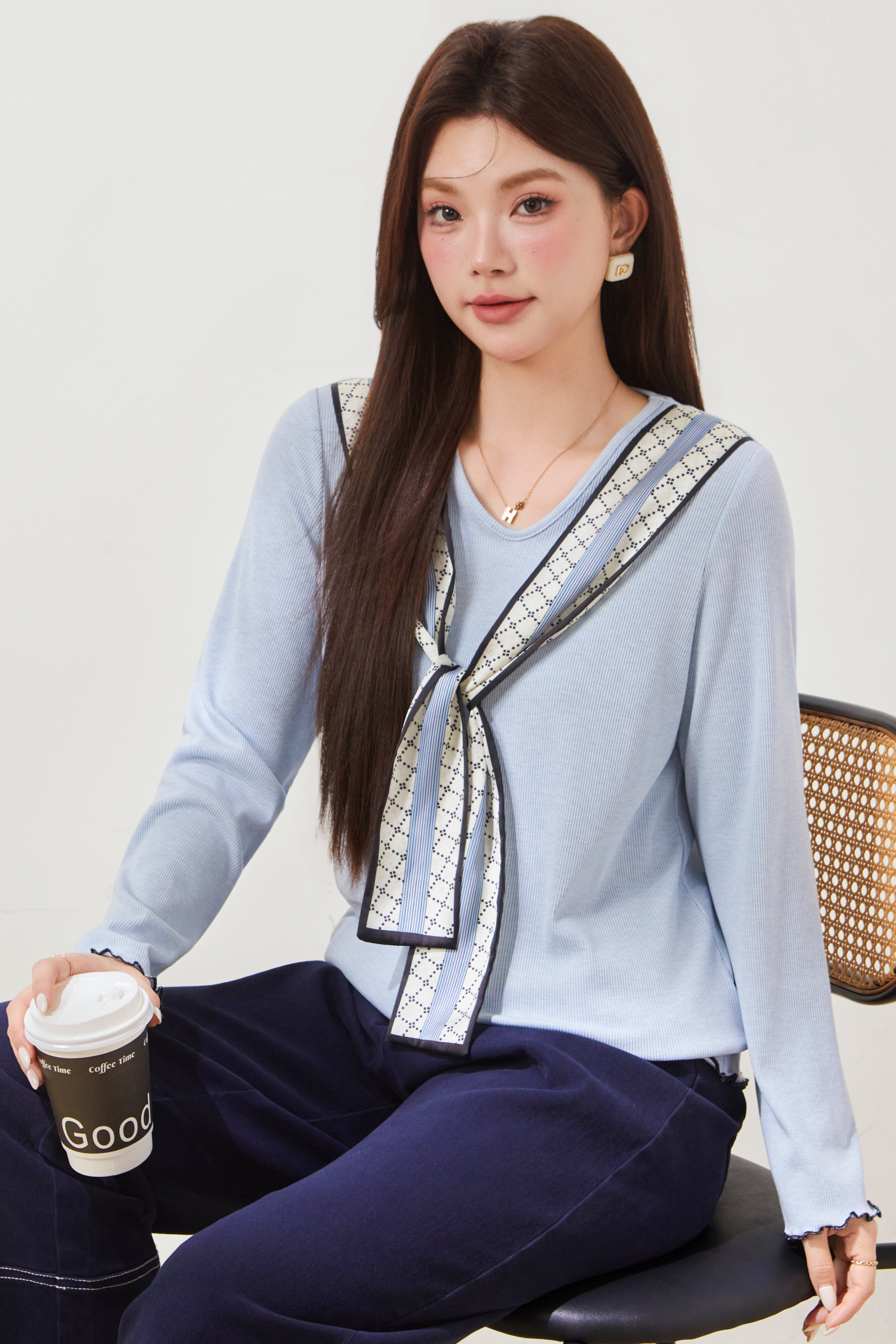 Silk Scarf Fake Two-Piece T-Shirt FCZ6898