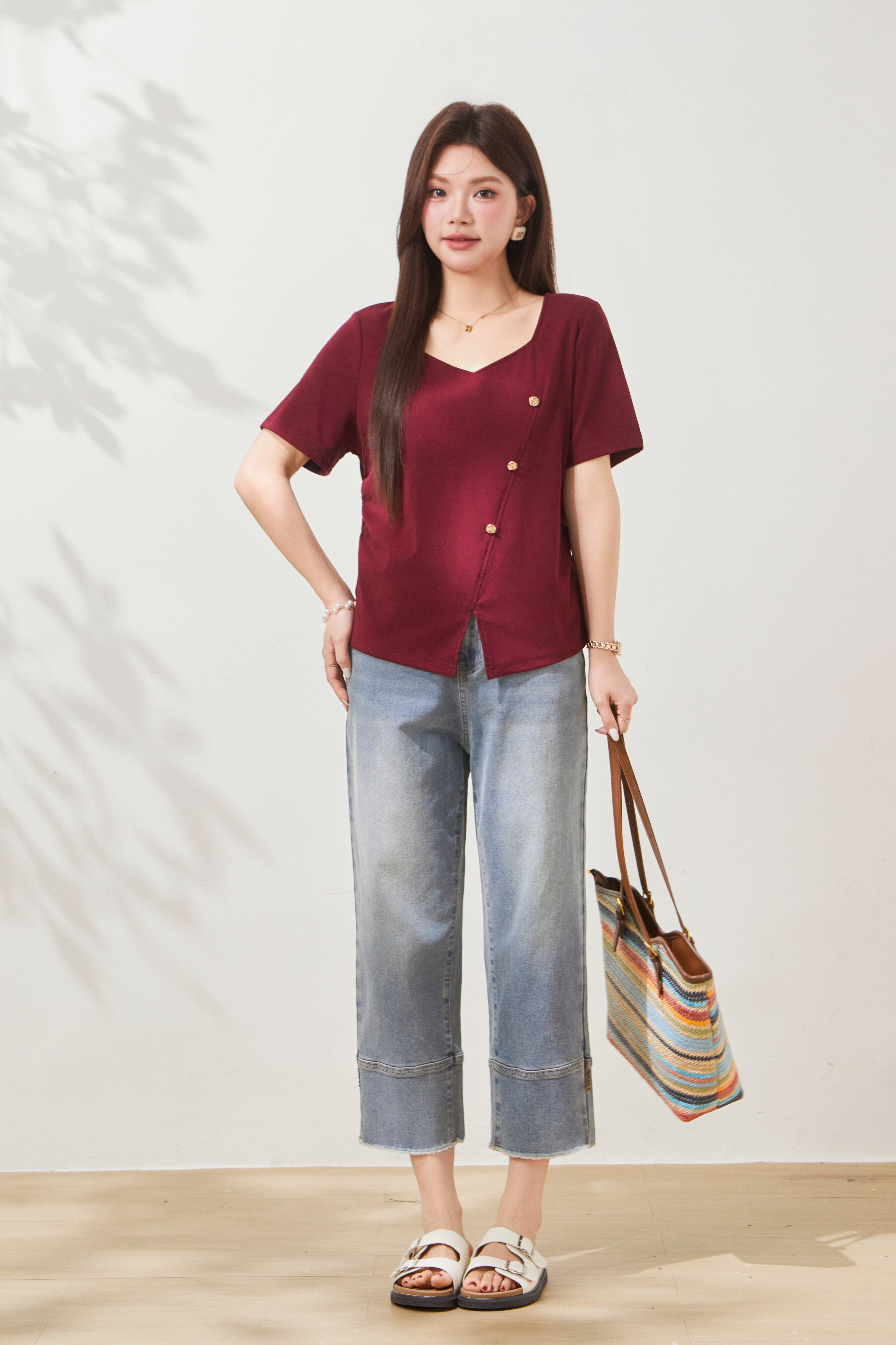 V-neck irregular design knitted T-shirt FXZ8015