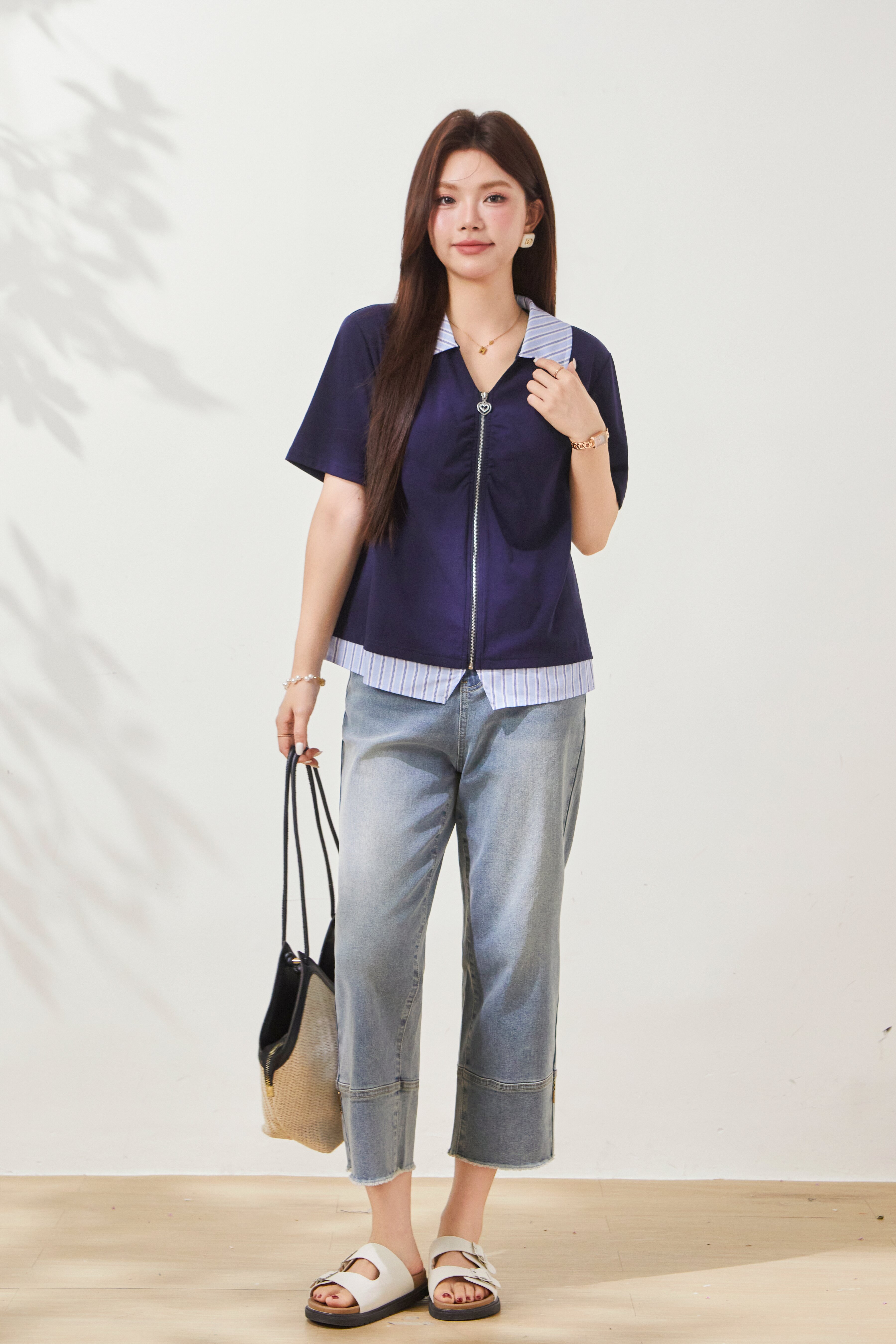 Striped patchwork fake two-piece knitted shirt FXZ8010