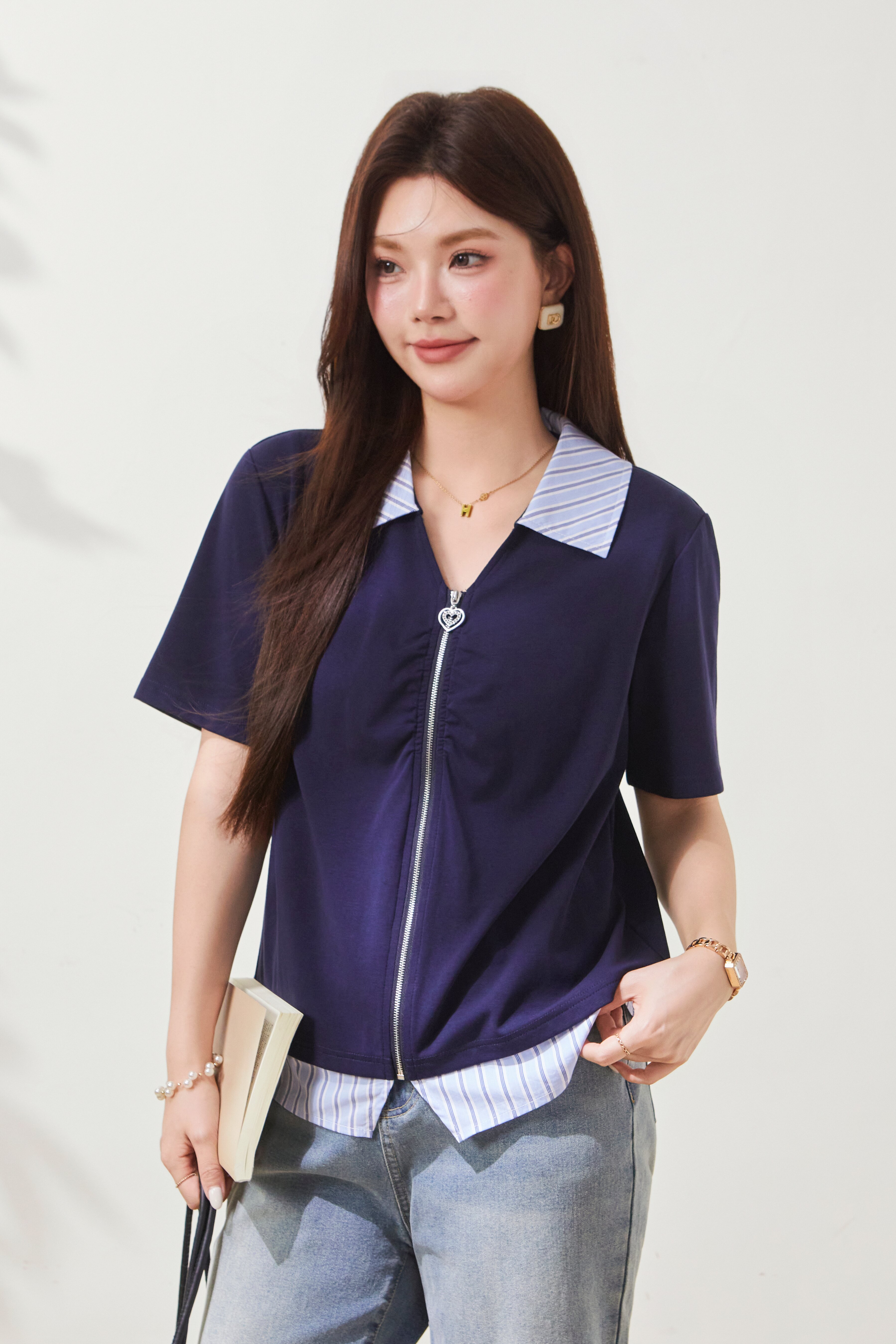 Striped patchwork fake two-piece knitted shirt FXZ8010