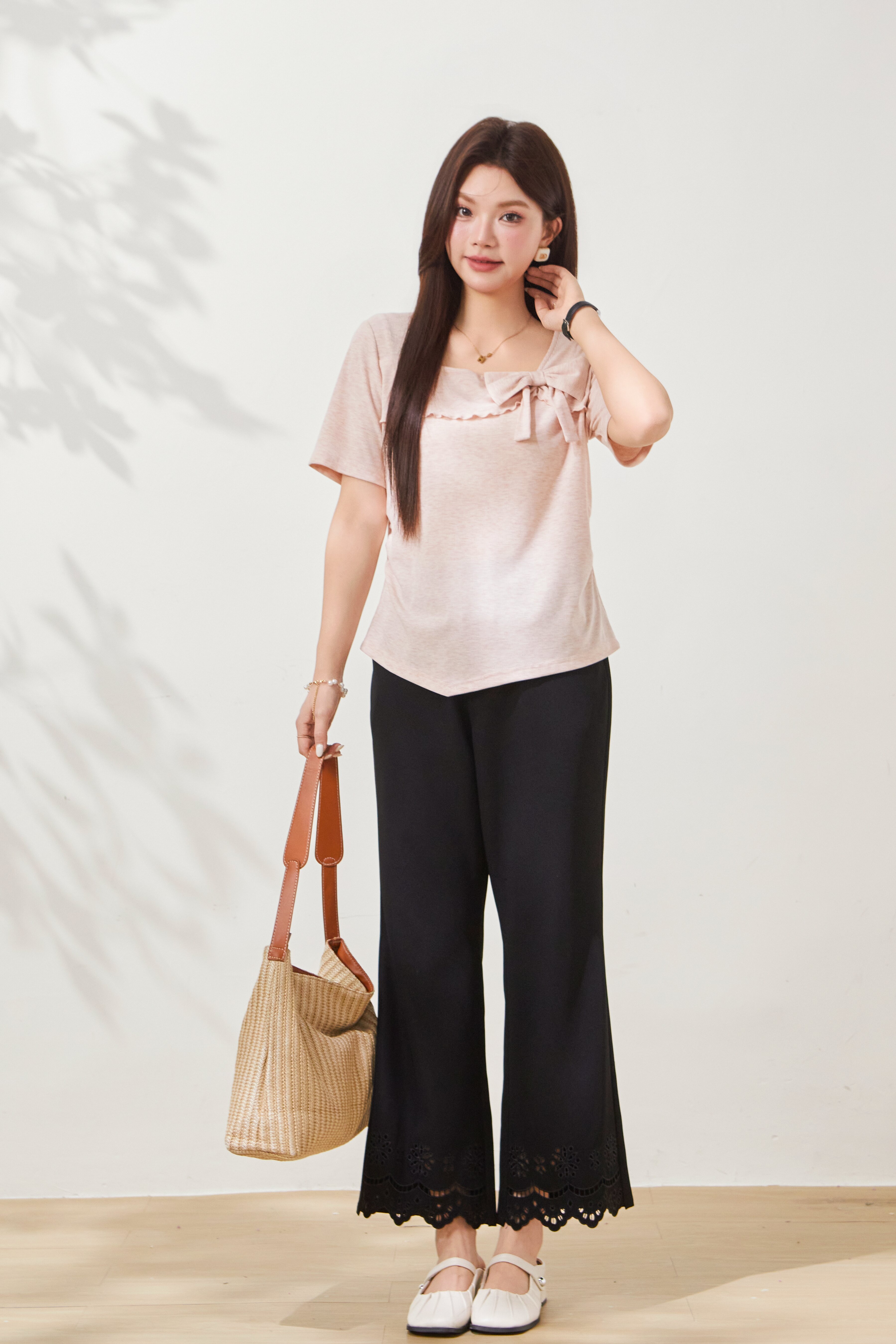 Small square collar, youthful bow-knot knitted T-shirt FXZ7087