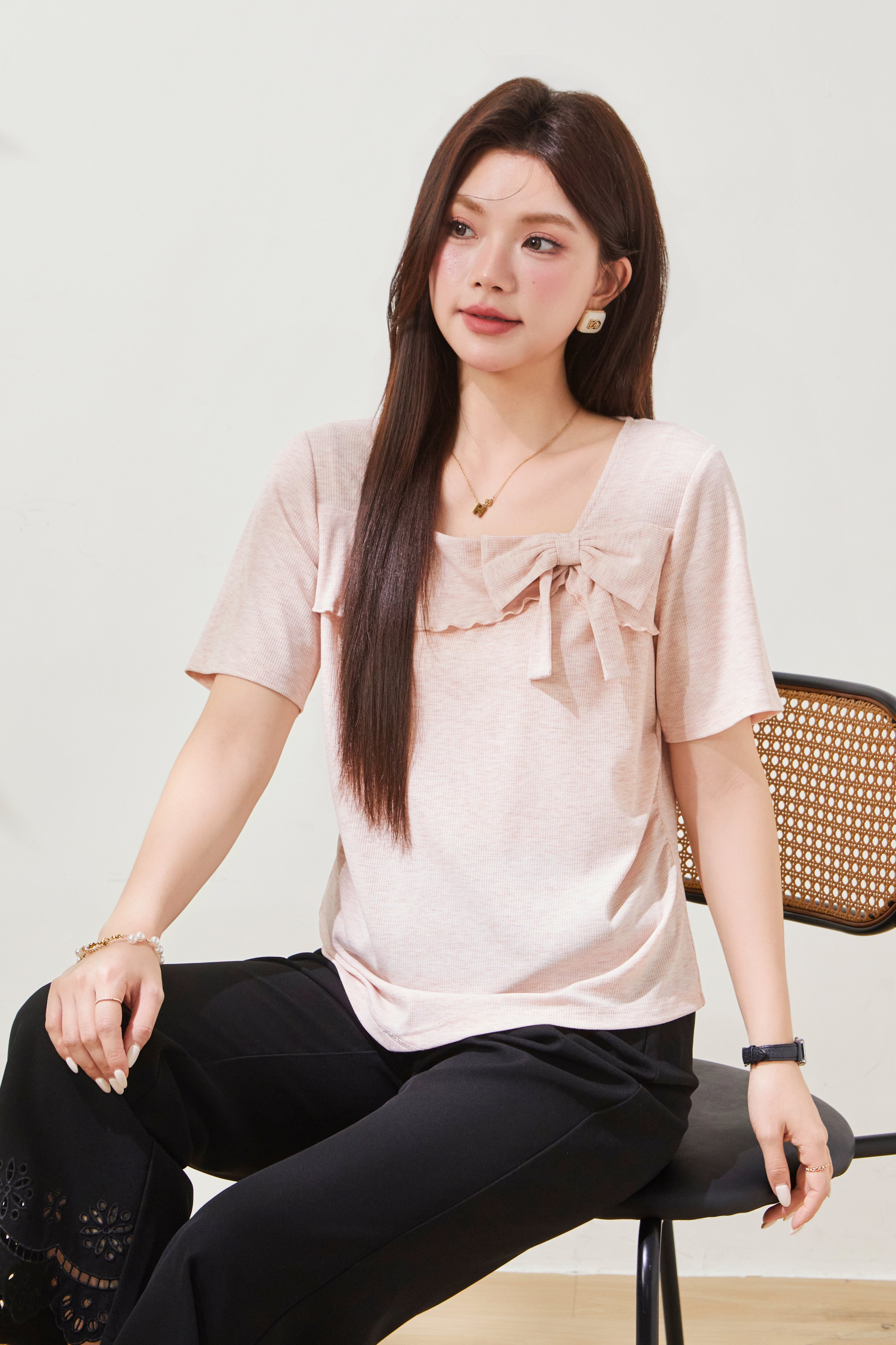 Small square collar, youthful bow-knot knitted T-shirt FXZ7087