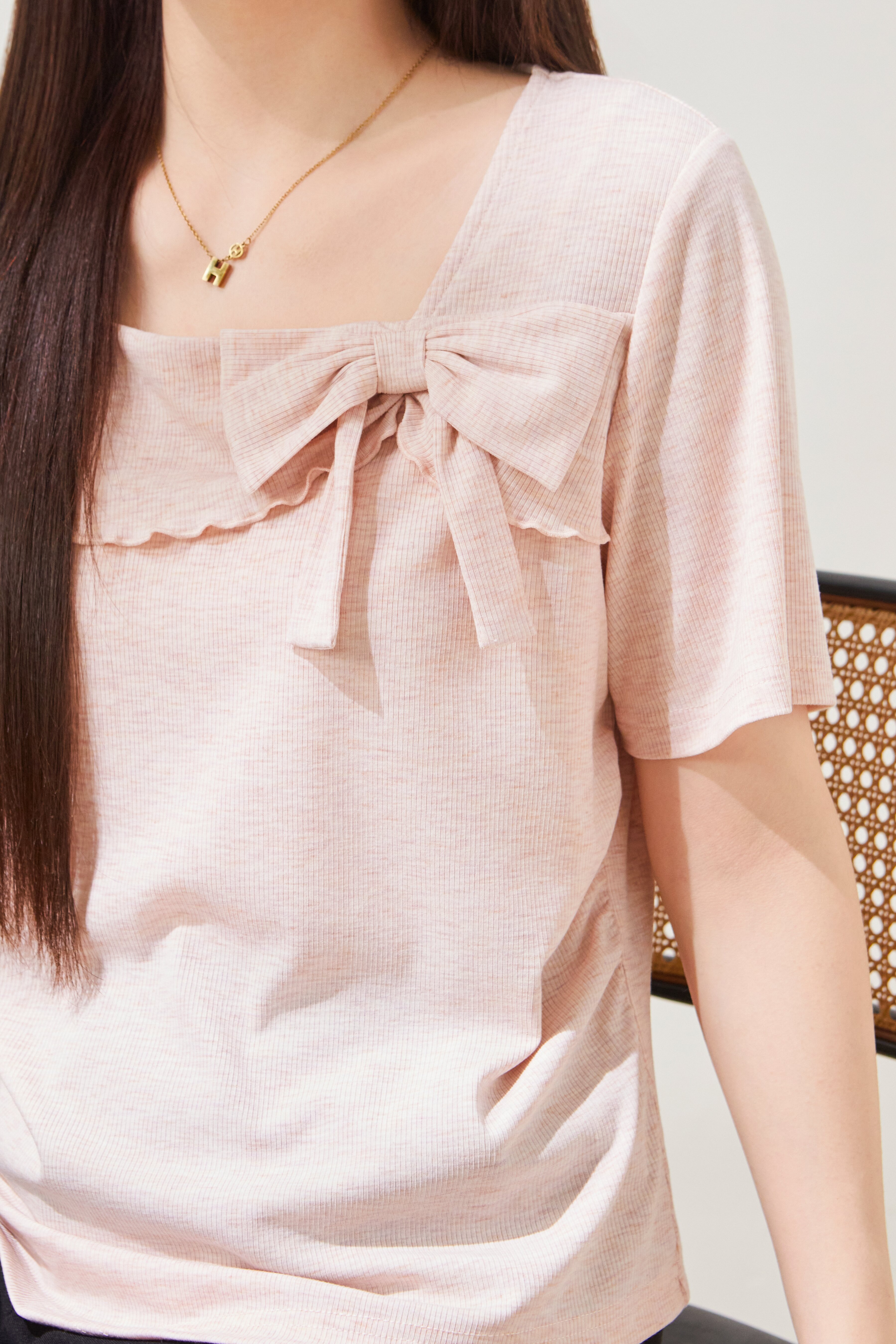 Small square collar, youthful bow-knot knitted T-shirt FXZ7087