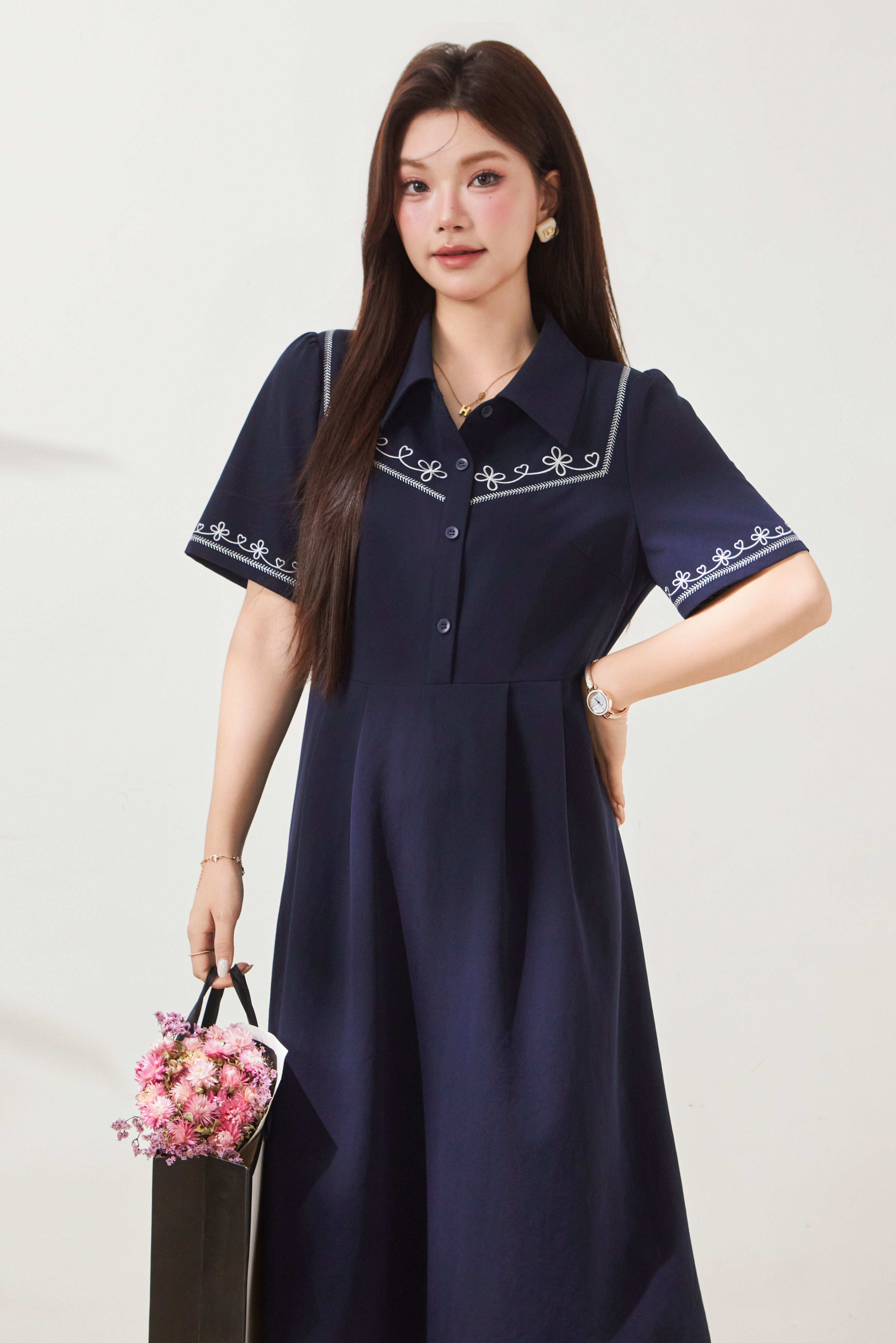 Retro embroidered waist cinching slimming shirt dress FXQ8036