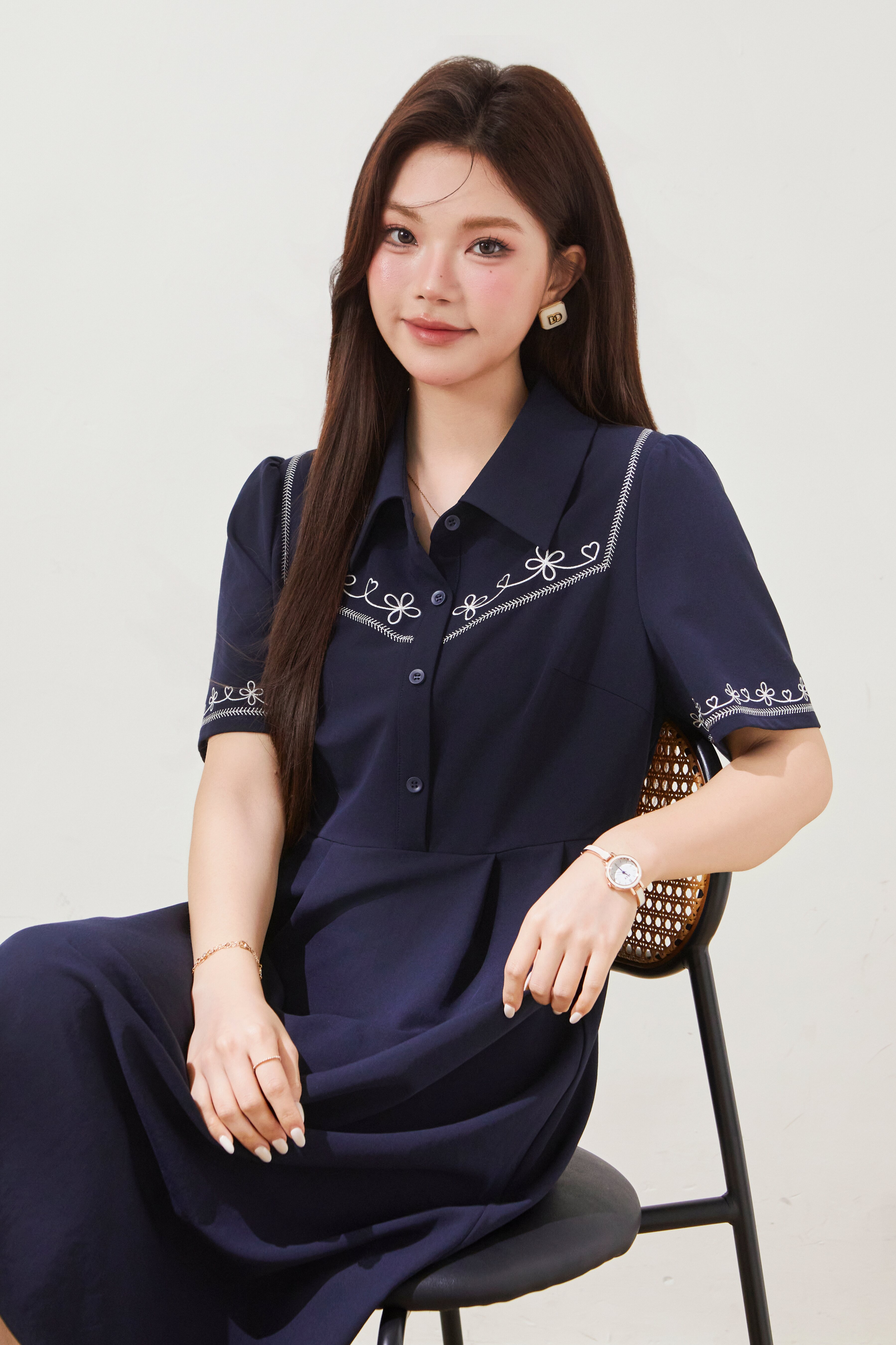 Retro embroidered waist cinching slimming shirt dress FXQ8036