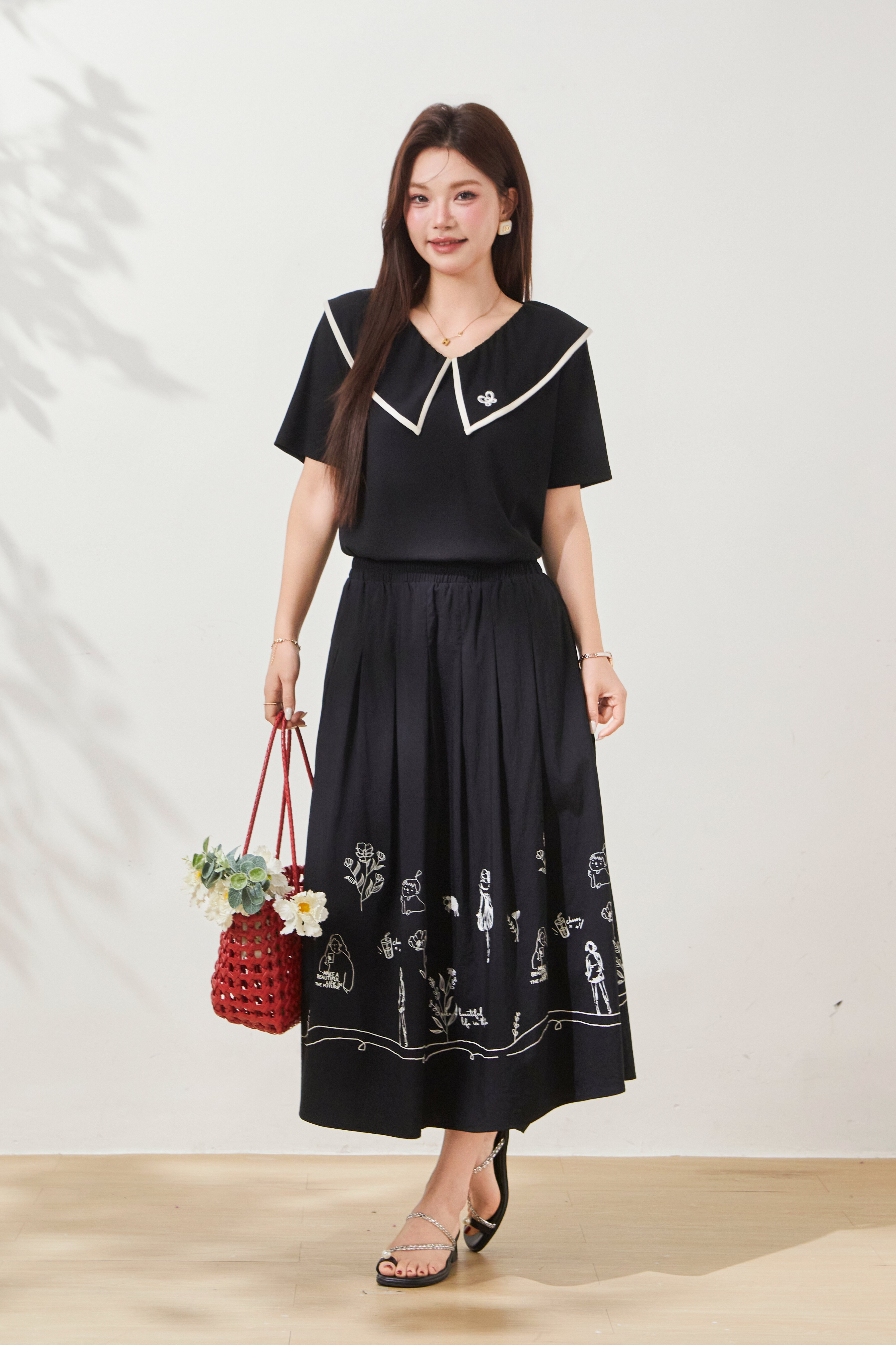 Doll Collar Embroidered Contrast Color Knit T-Shirt FXZ7055