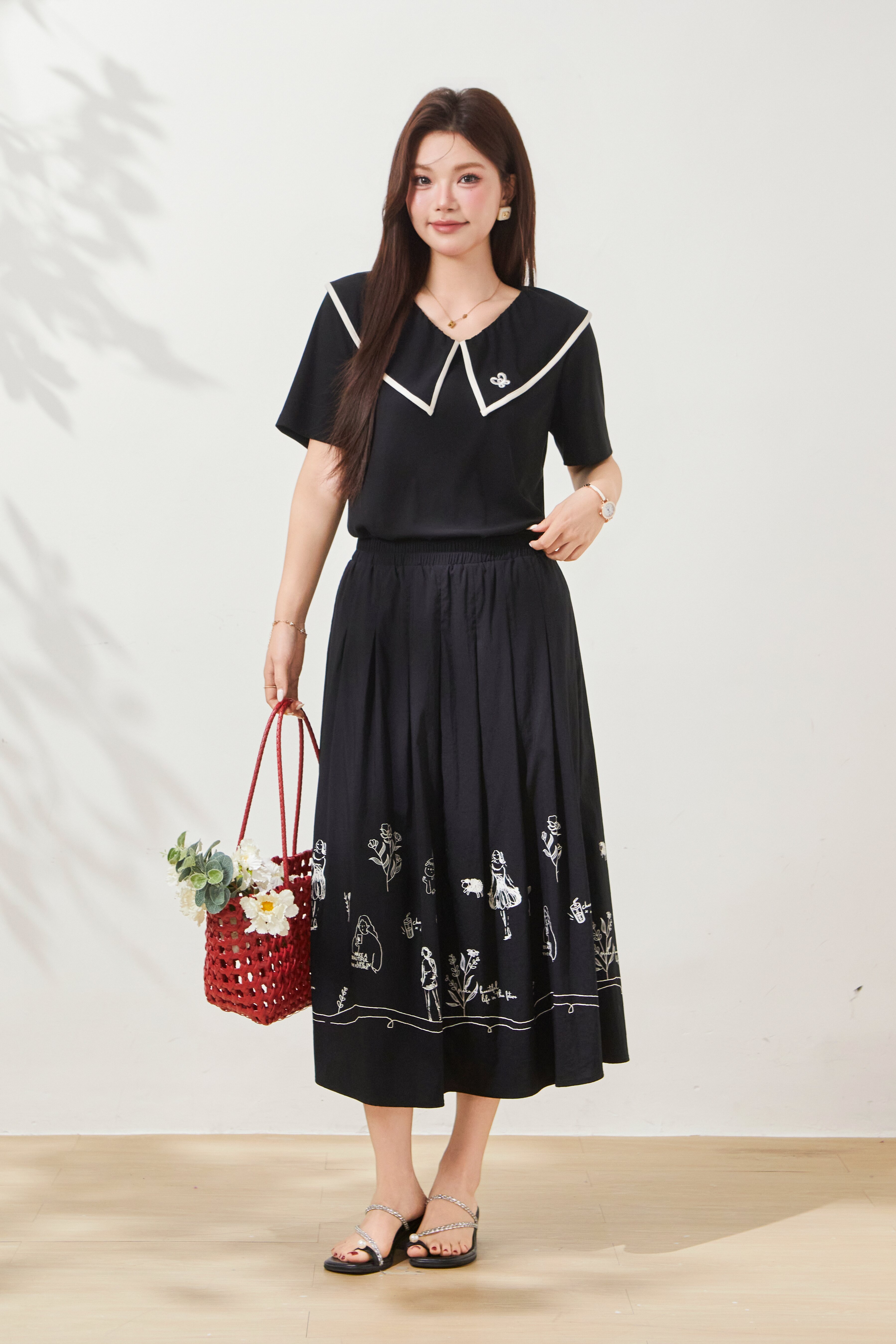 Doll Collar Embroidered Contrast Color Knit T-Shirt FXZ7055