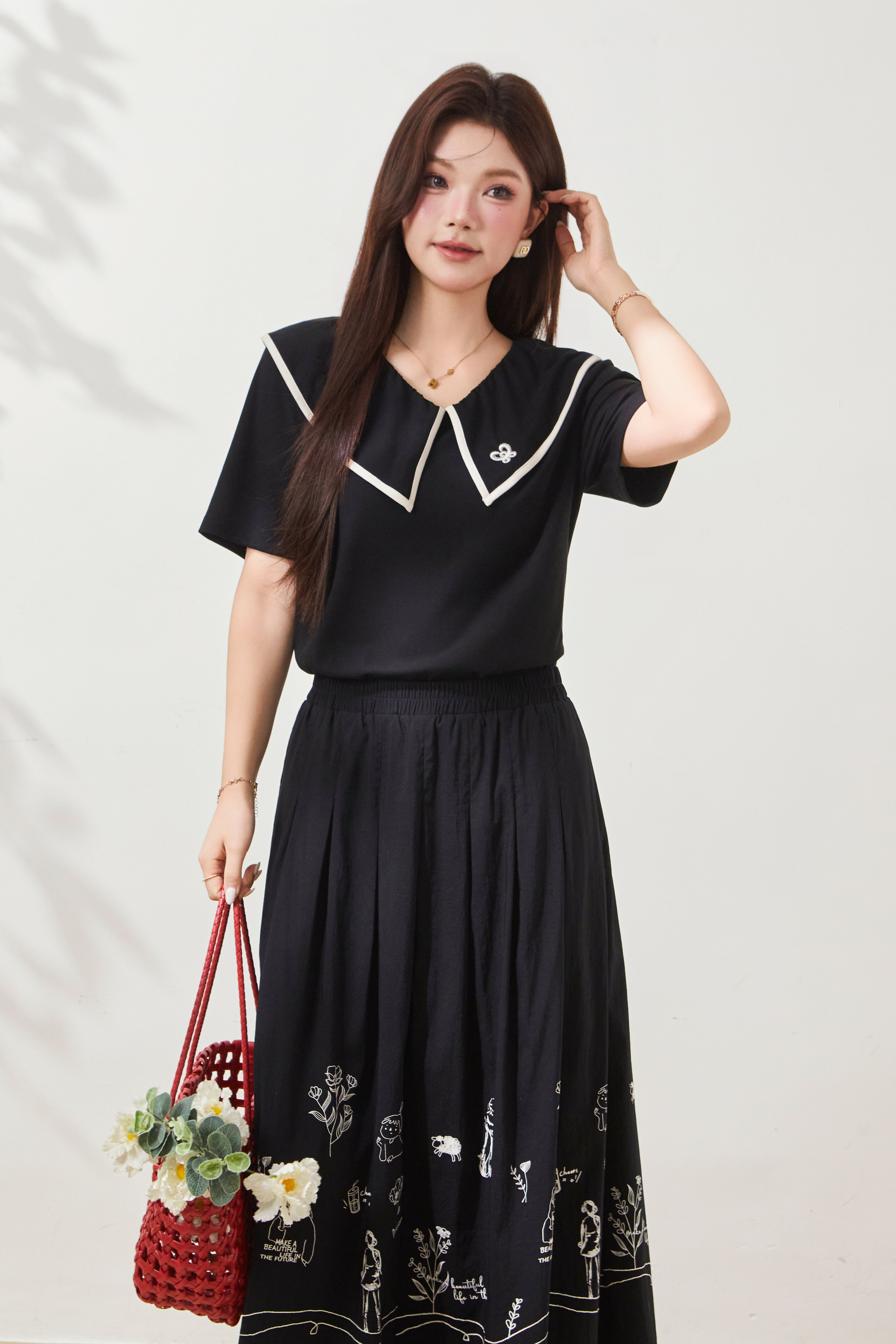 Doll Collar Embroidered Contrast Color Knit T-Shirt FXZ7055