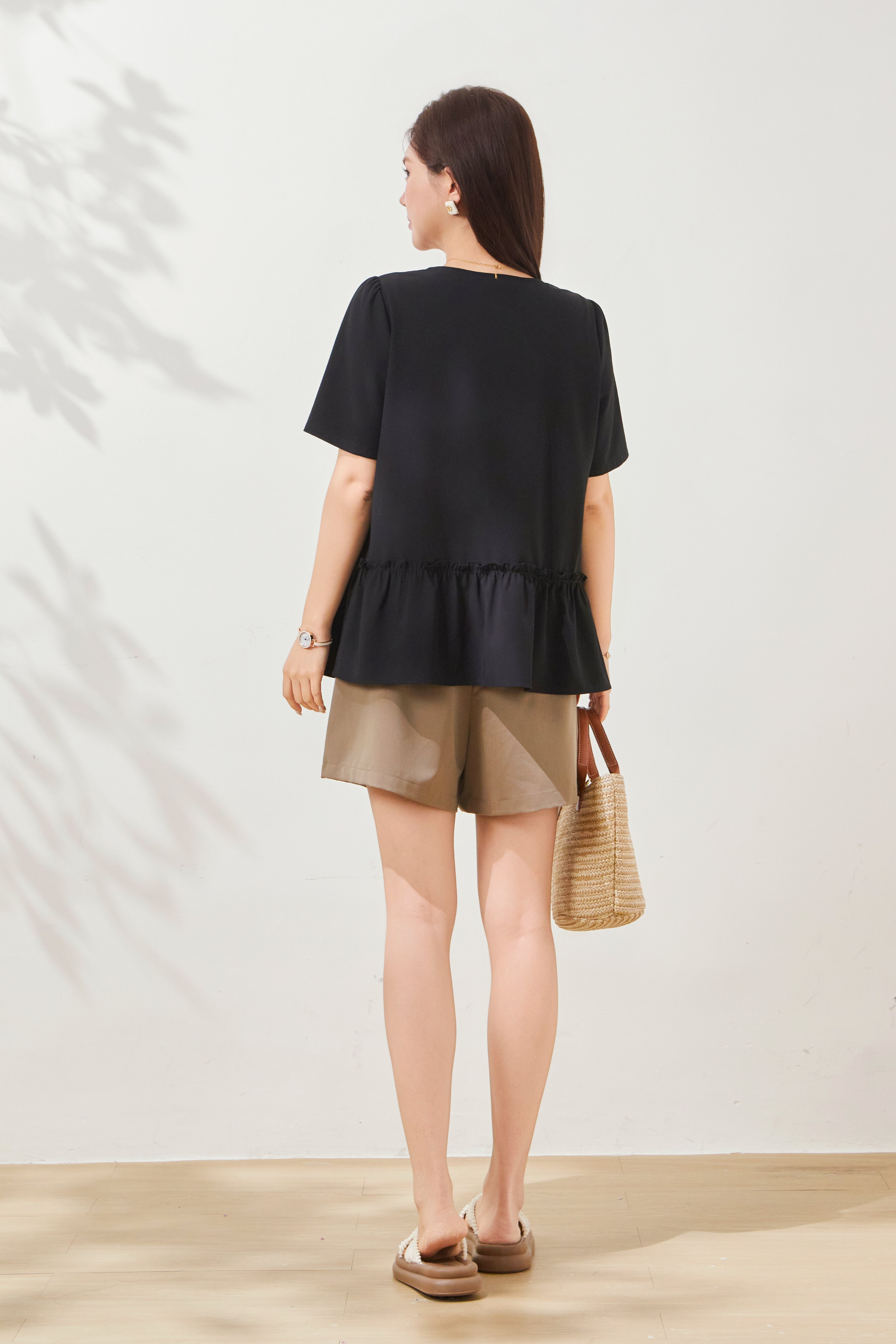 Round neck nail bead ruffle irregular top FXA7078