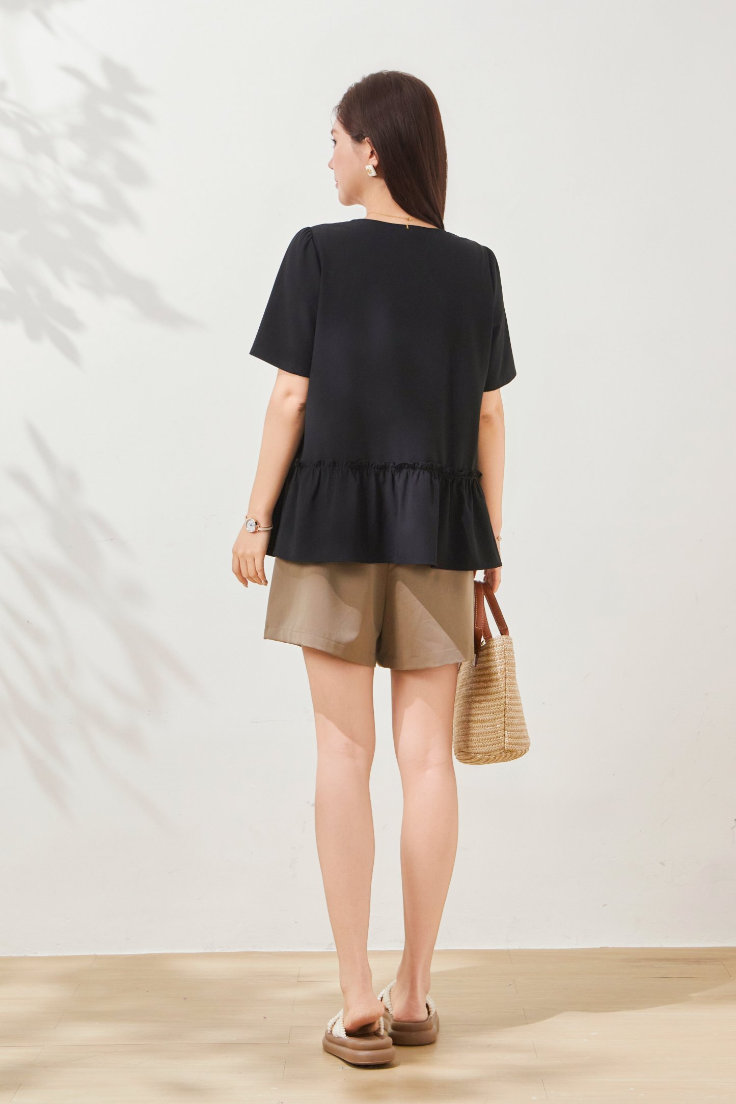 Round neck nail bead ruffle irregular top FXA7078