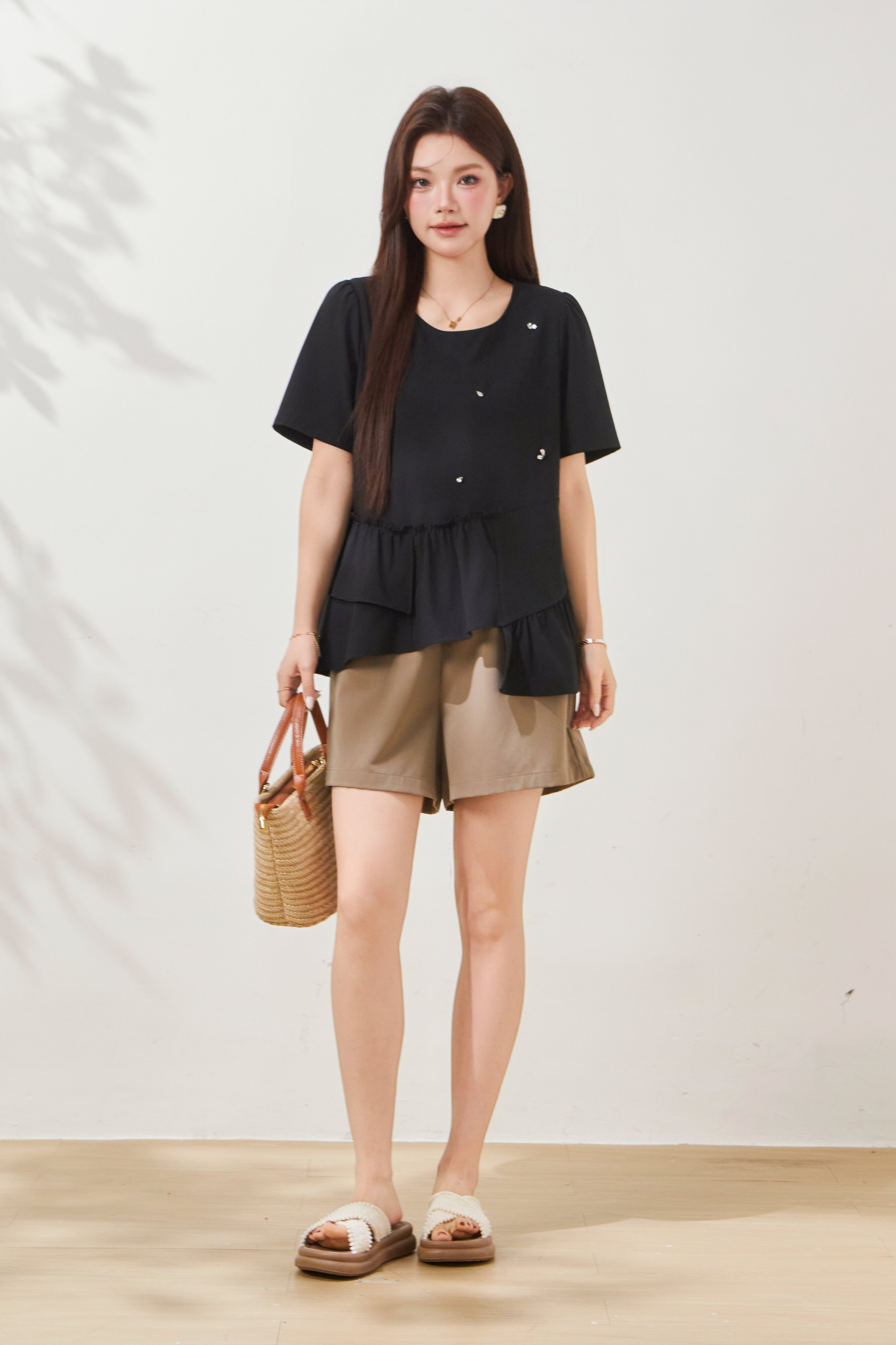 Round neck nail bead ruffle irregular top FXA7078