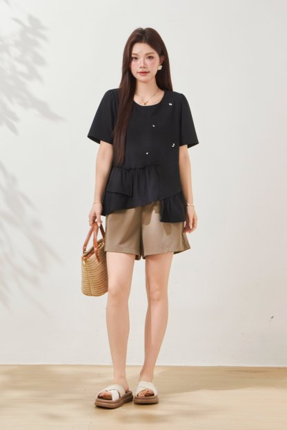 Round neck nail bead ruffle irregular top FXA7078
