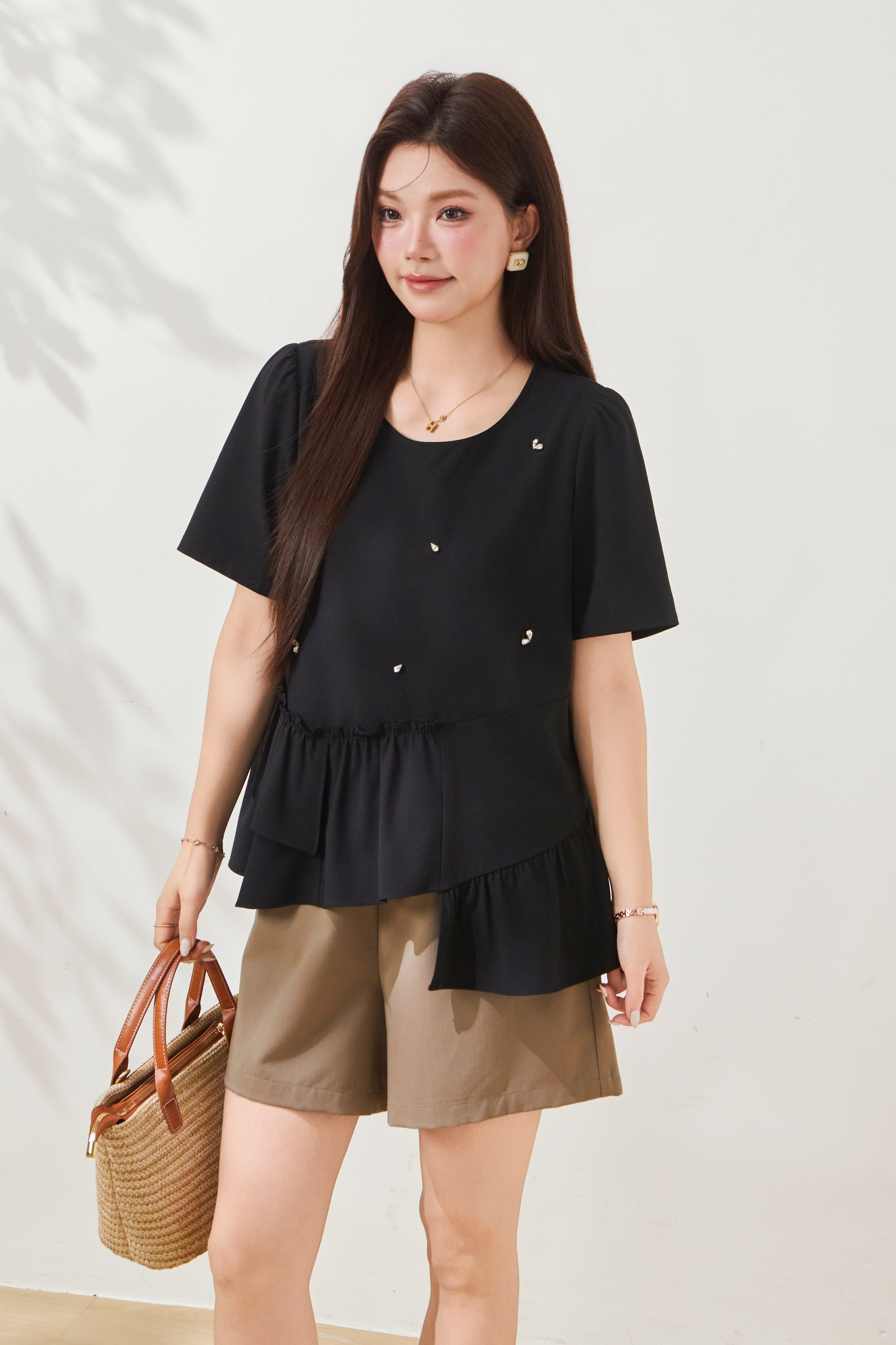 Round neck nail bead ruffle irregular top FXA7078