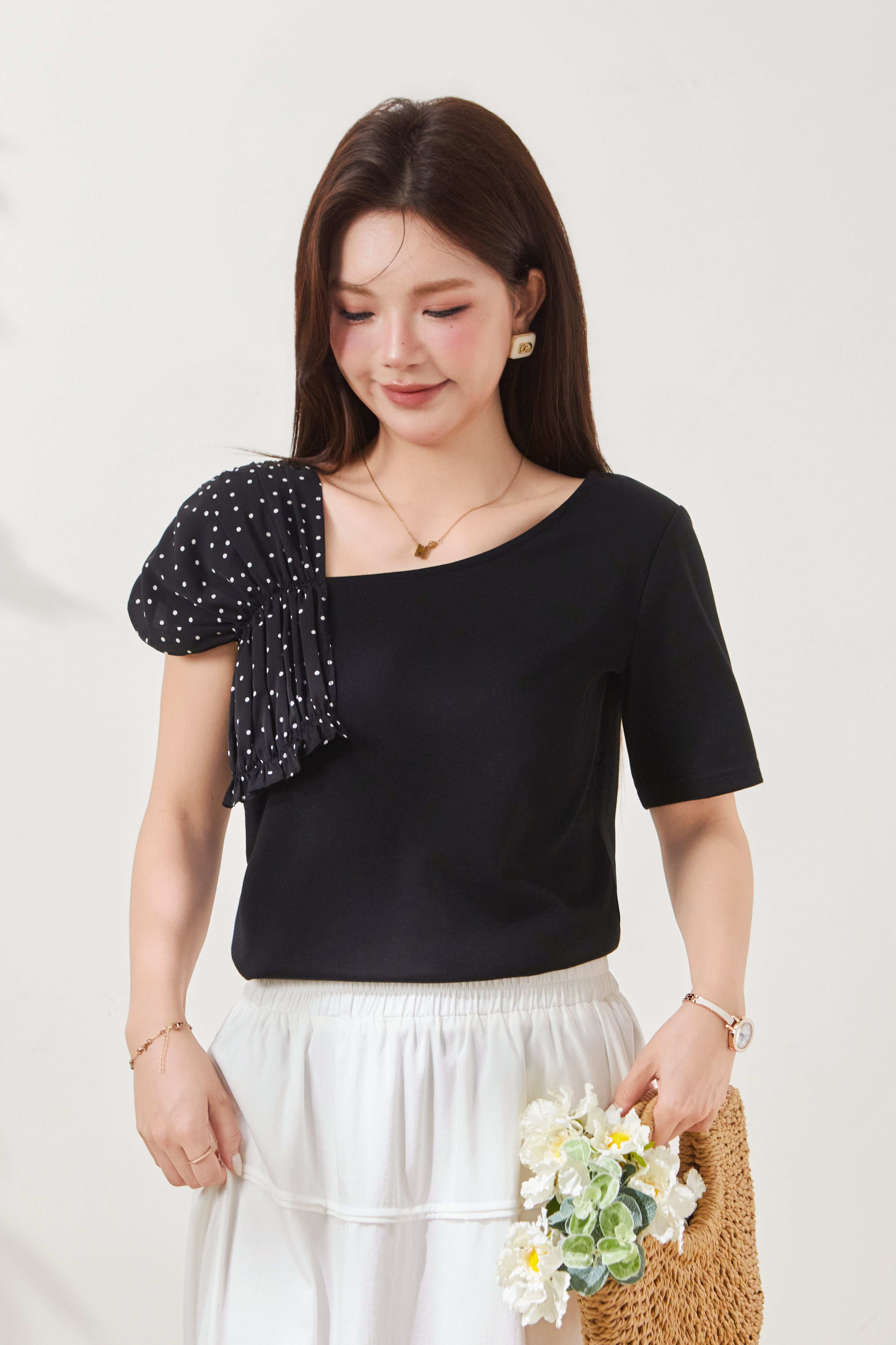 Polka Dot Off-Shoulder Slim-Fit Top FXZ7037