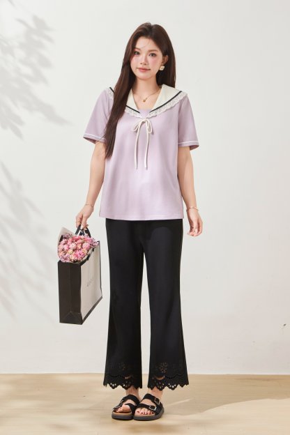 Lace Age Reducing Navy Collar Cross Color T-shirt FXA8023