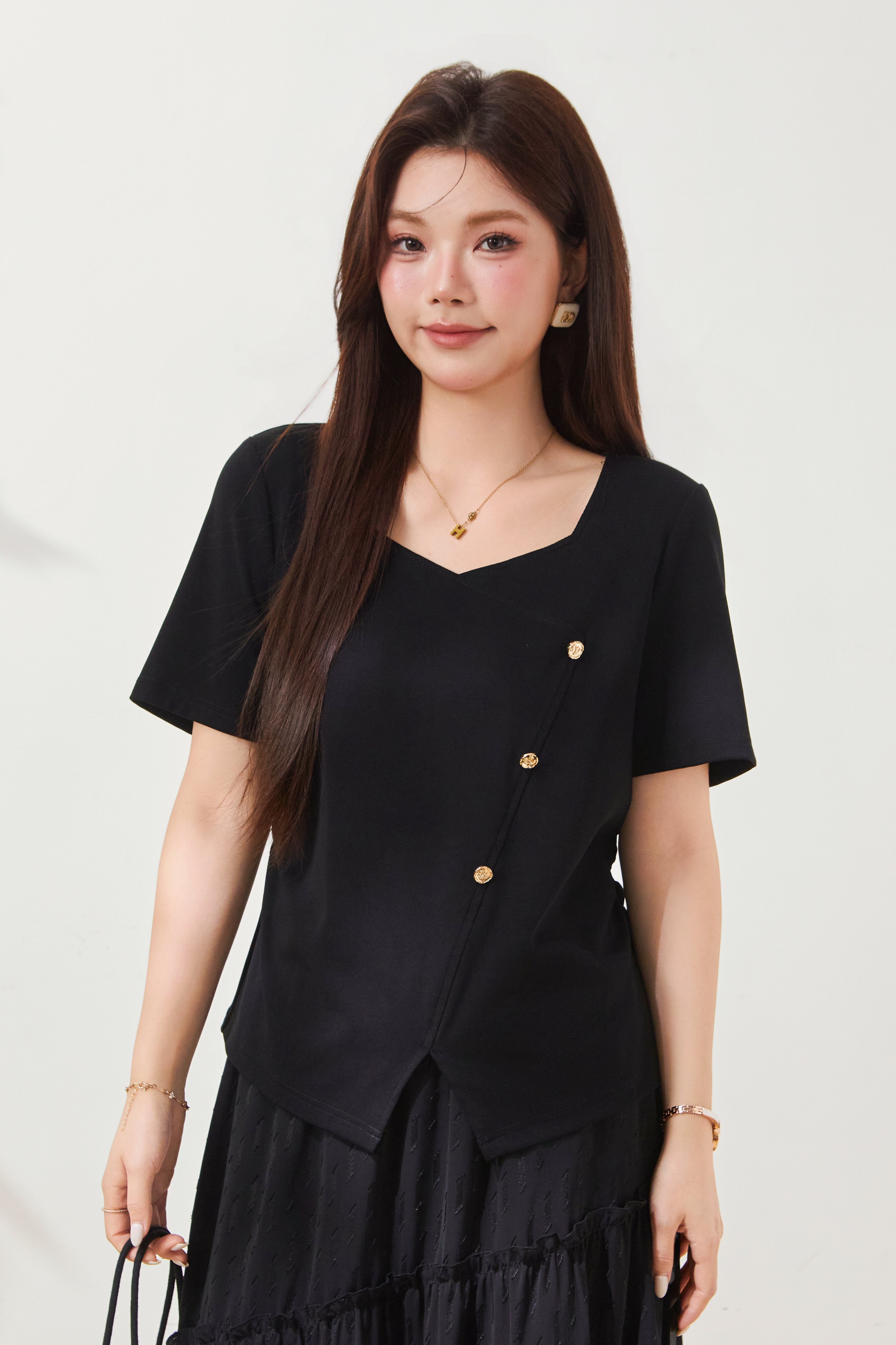 V-neck irregular design knitted T-shirt FXZ8015