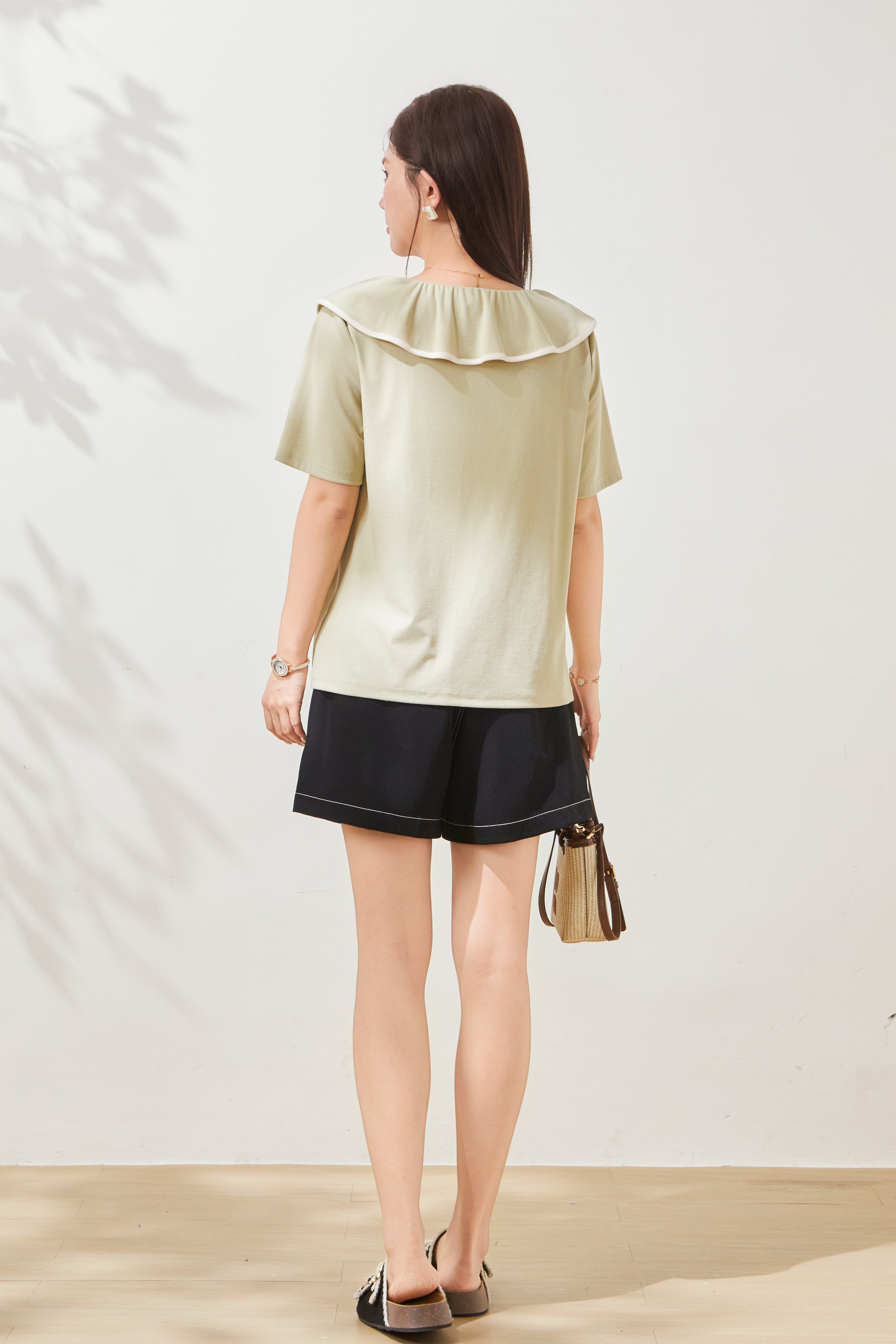 Doll Collar Embroidered Contrast Color Knit T-Shirt FXZ7055