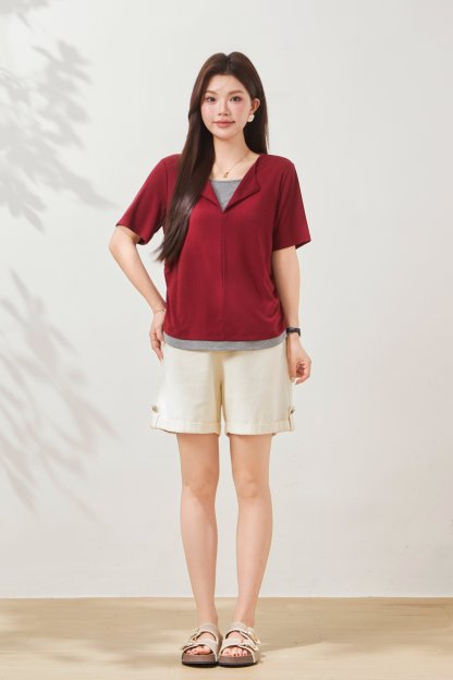 Fake Two-Piece Waist-Cinching Lyocell T-Shirt FXZ7038