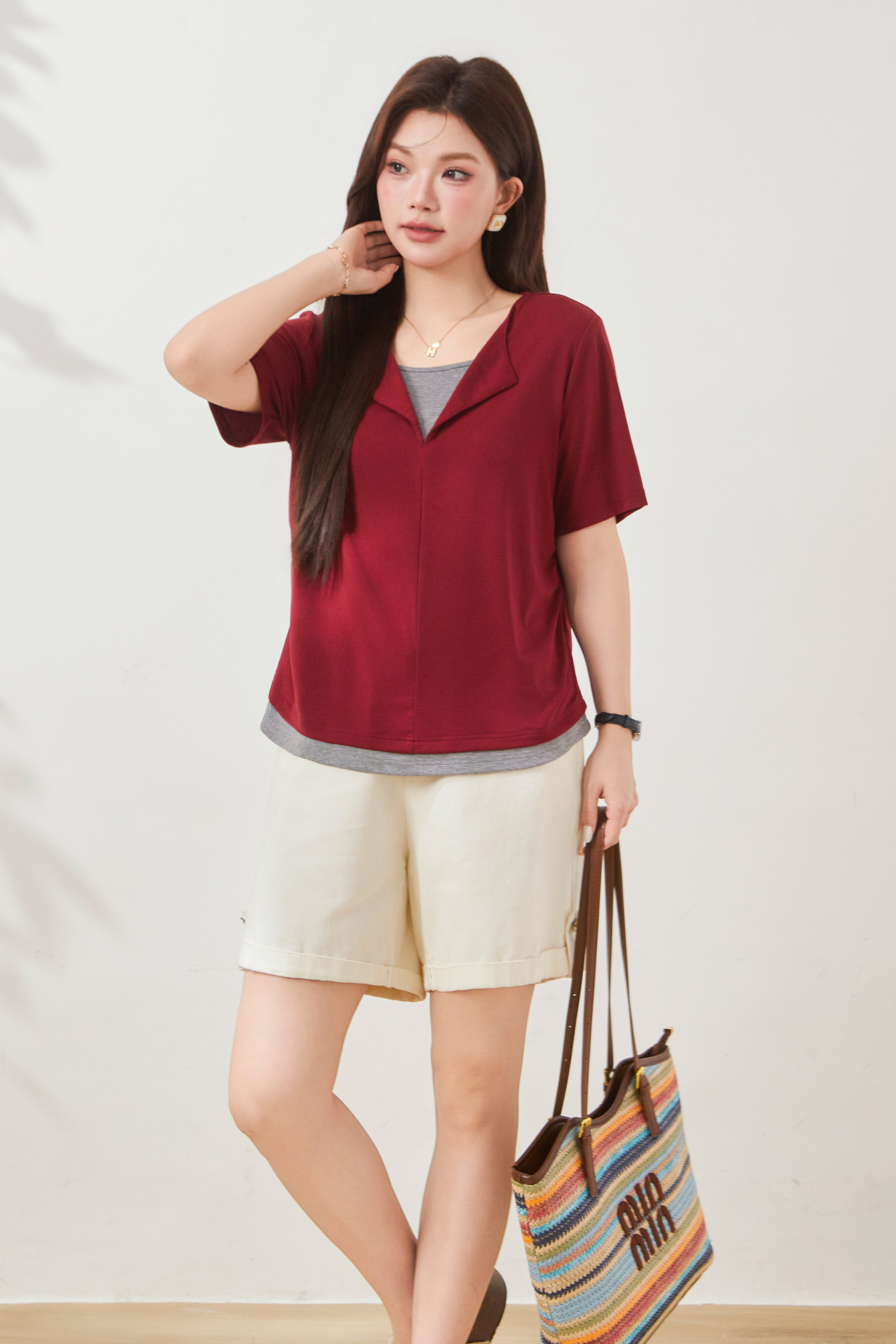 Fake Two-Piece Waist-Cinching Lyocell T-Shirt FXZ7038