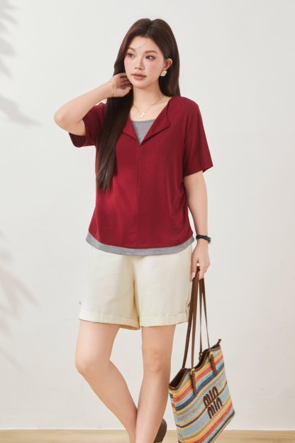 Fake Two-Piece Waist-Cinching Lyocell T-Shirt FXZ7038