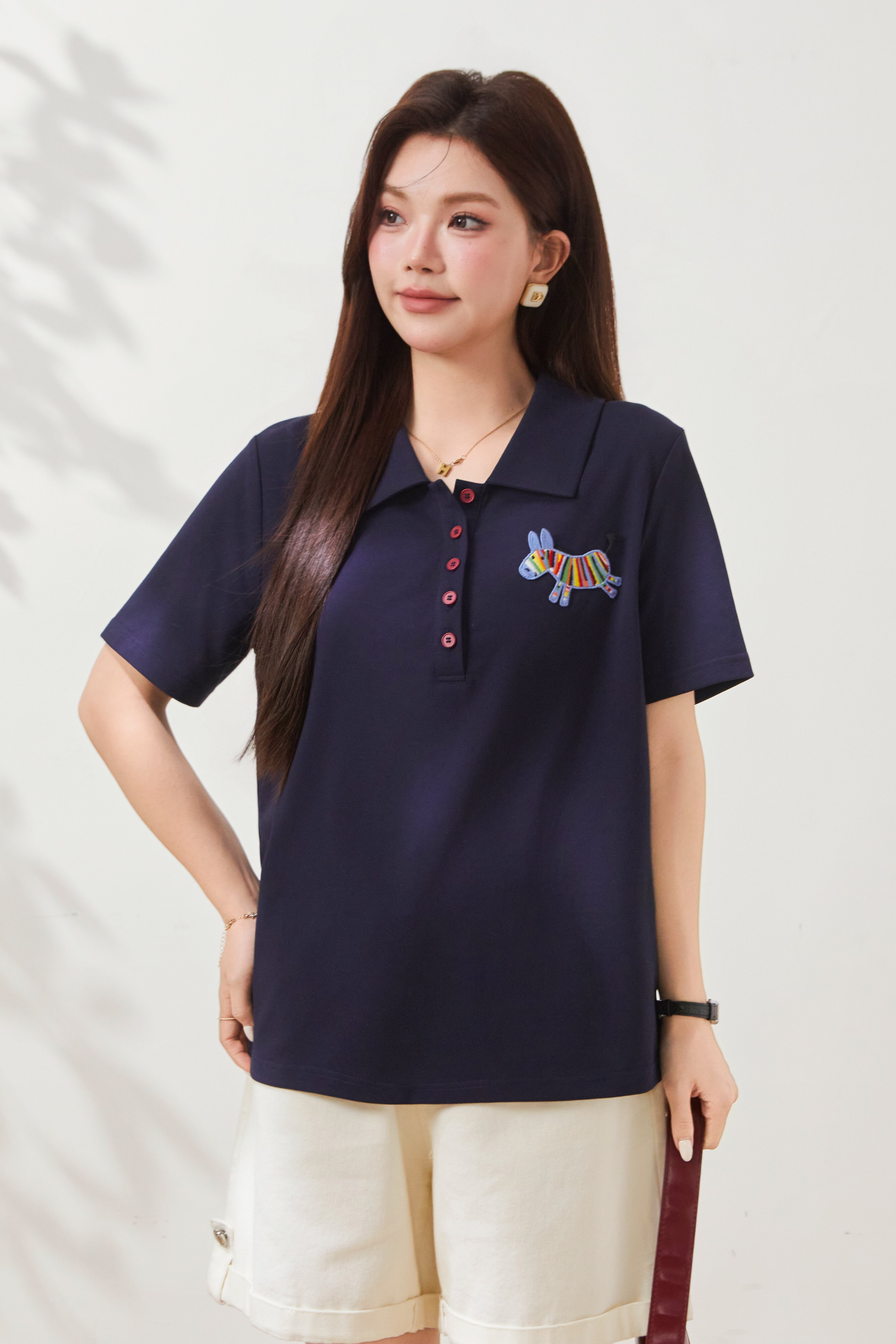 POLO collar short-sleeve T-shirt with horse embroidery FXZ7066