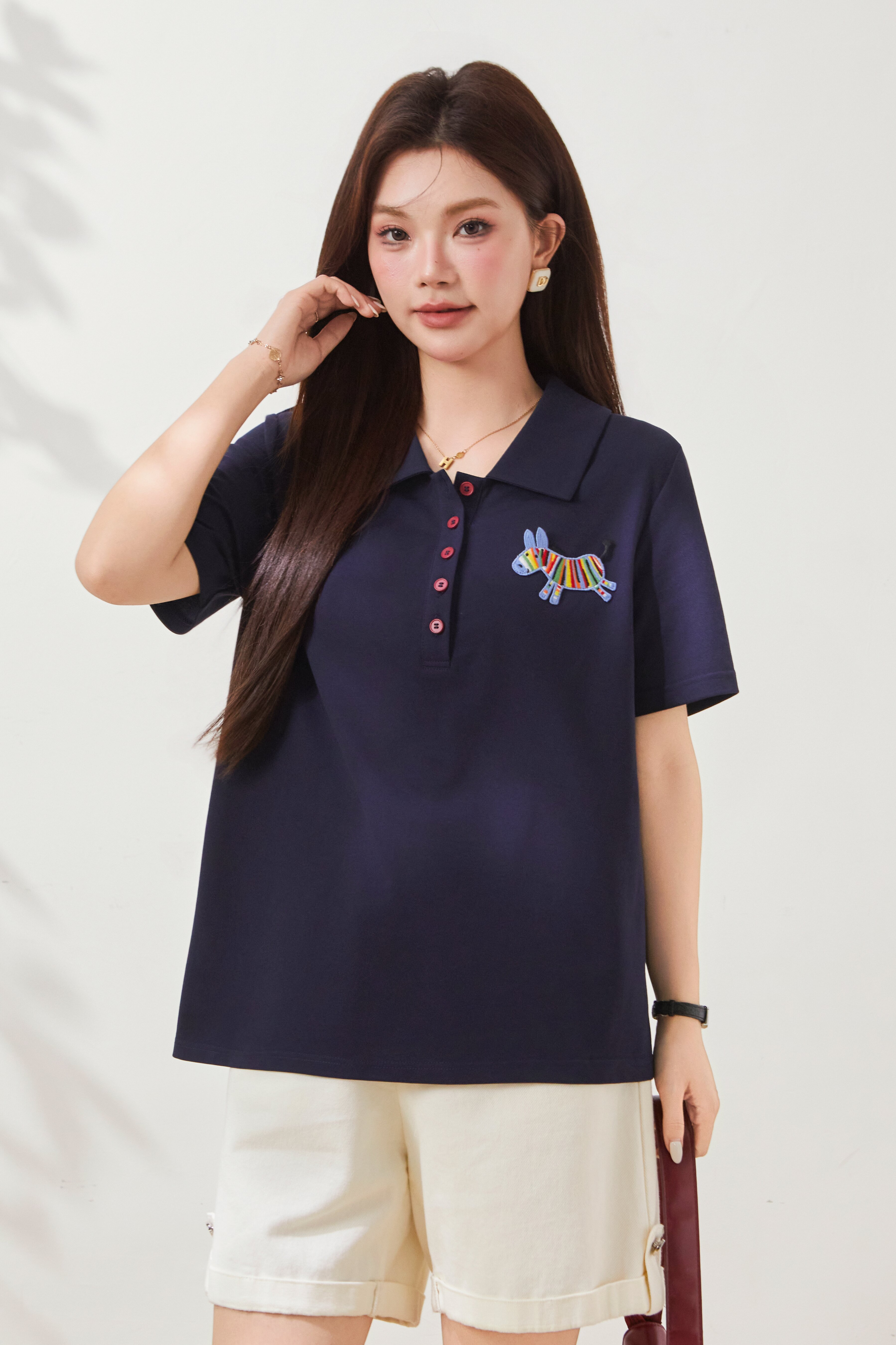 POLO collar short-sleeve T-shirt with horse embroidery FXZ7066