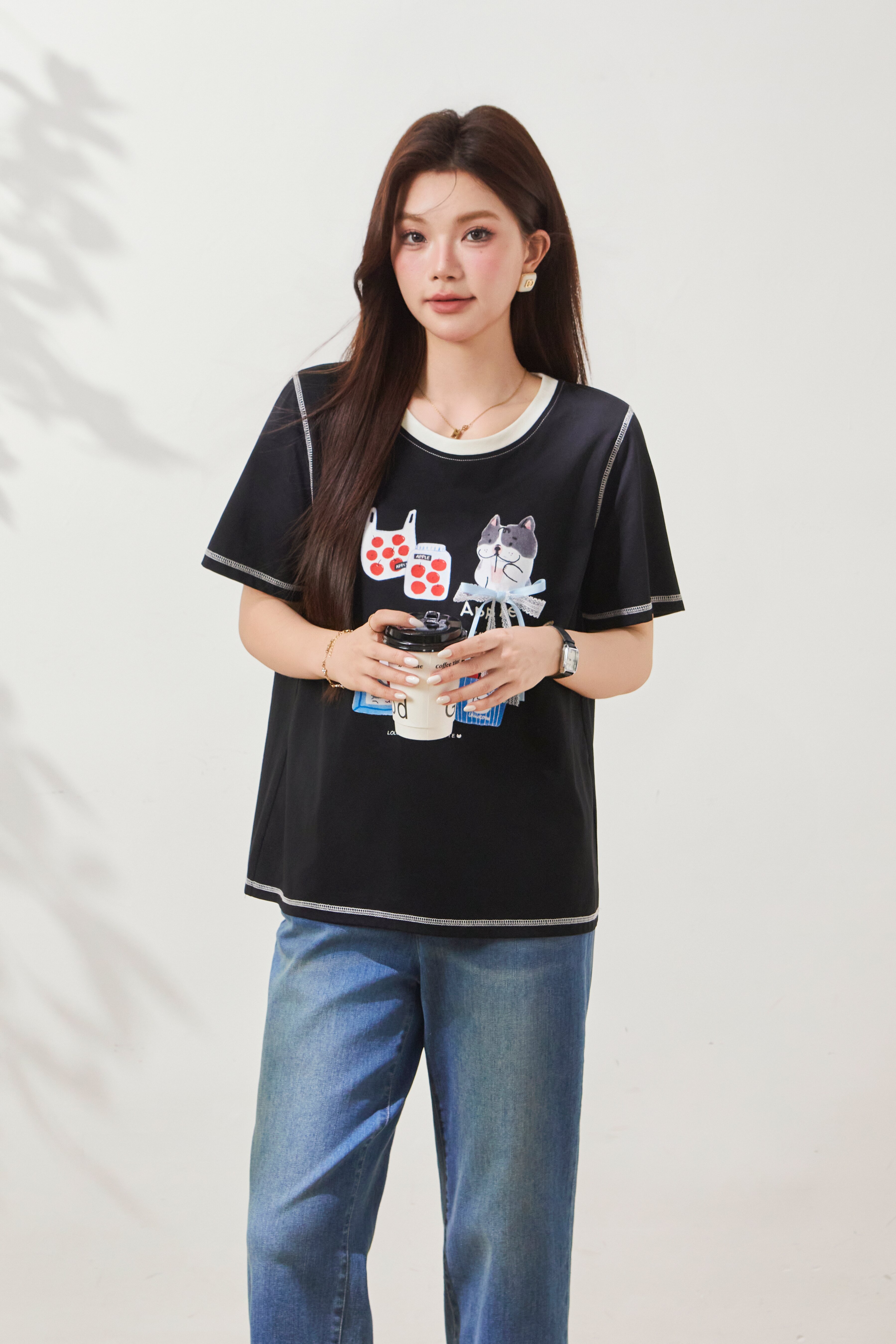 Cartoon Print Contrast Color Knit T-Shirt FXZ7071