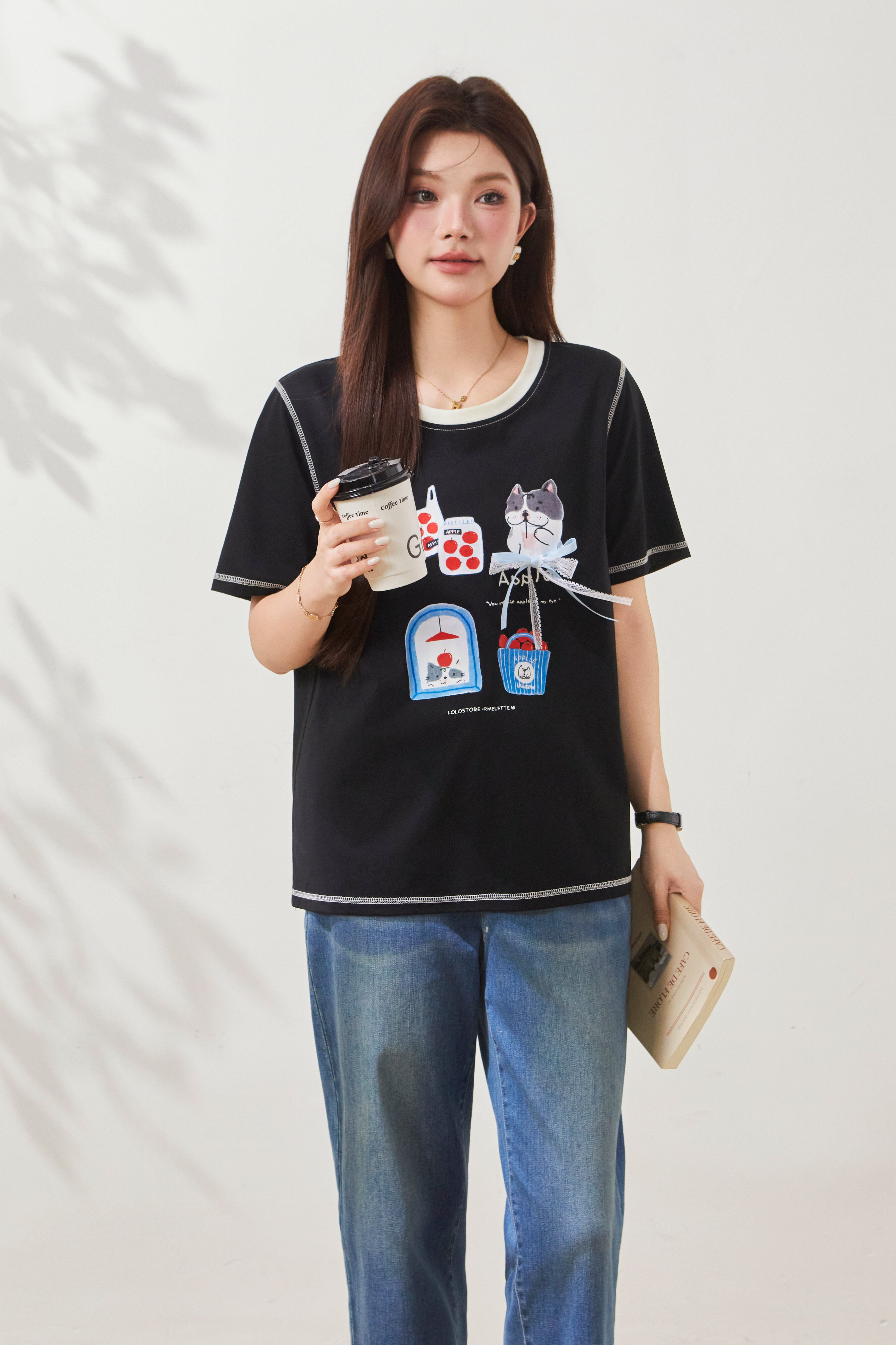 Cartoon Print Contrast Color Knit T-Shirt FXZ7071