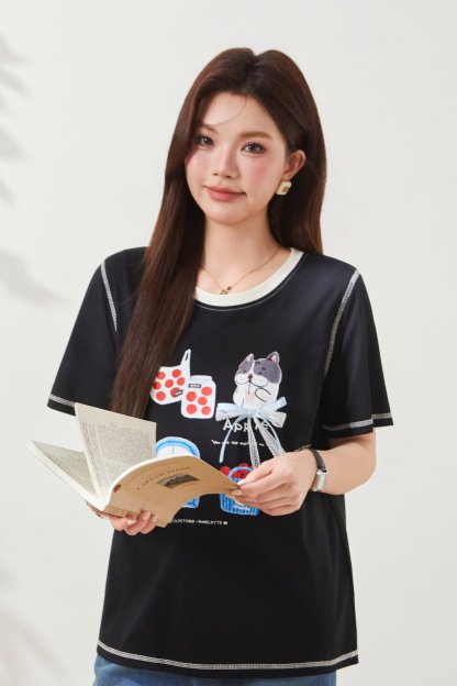 Cartoon Print Contrast Color Knit T-Shirt FXZ7071