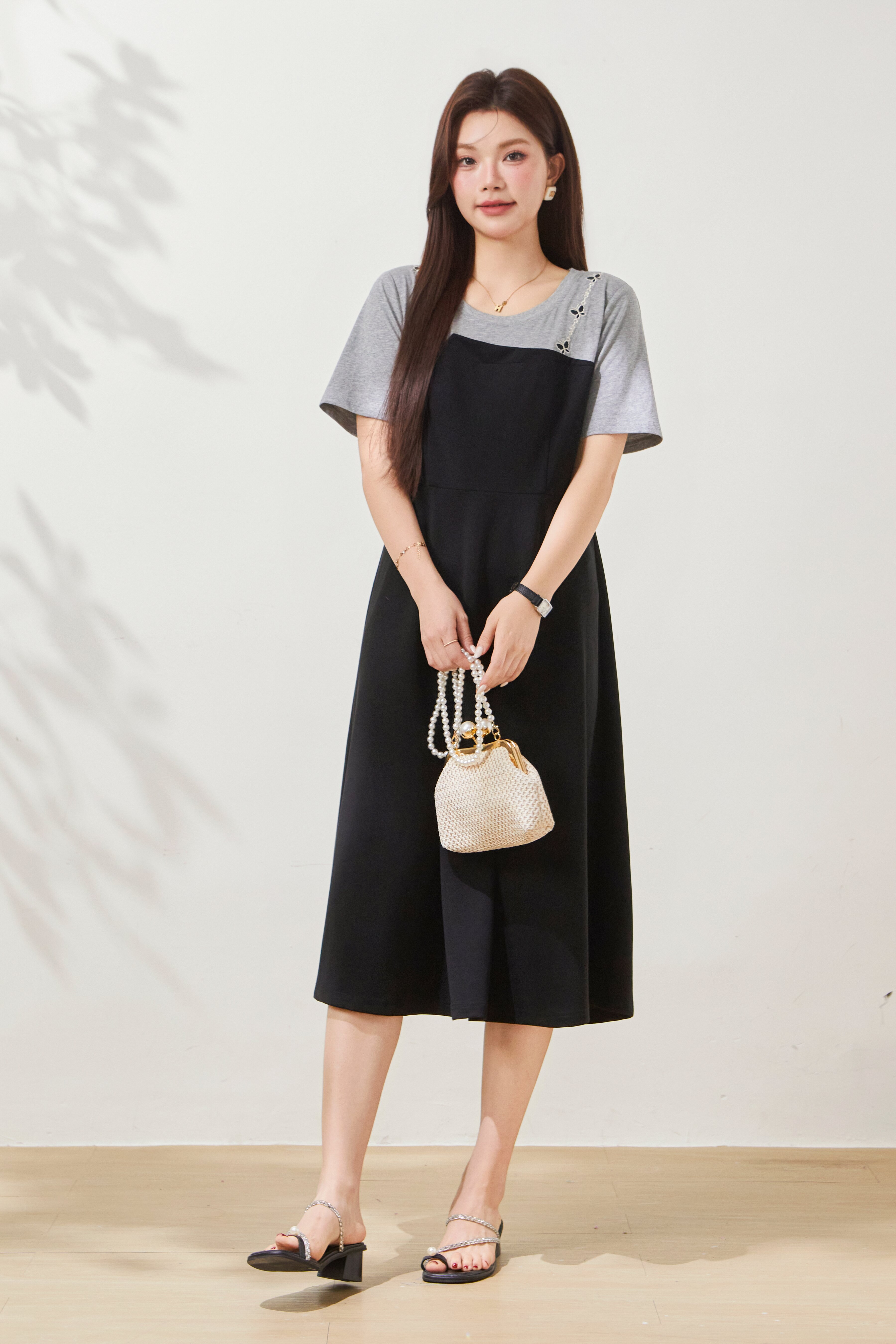 Two-piece illusion color-blocked knit dress FXQ7068