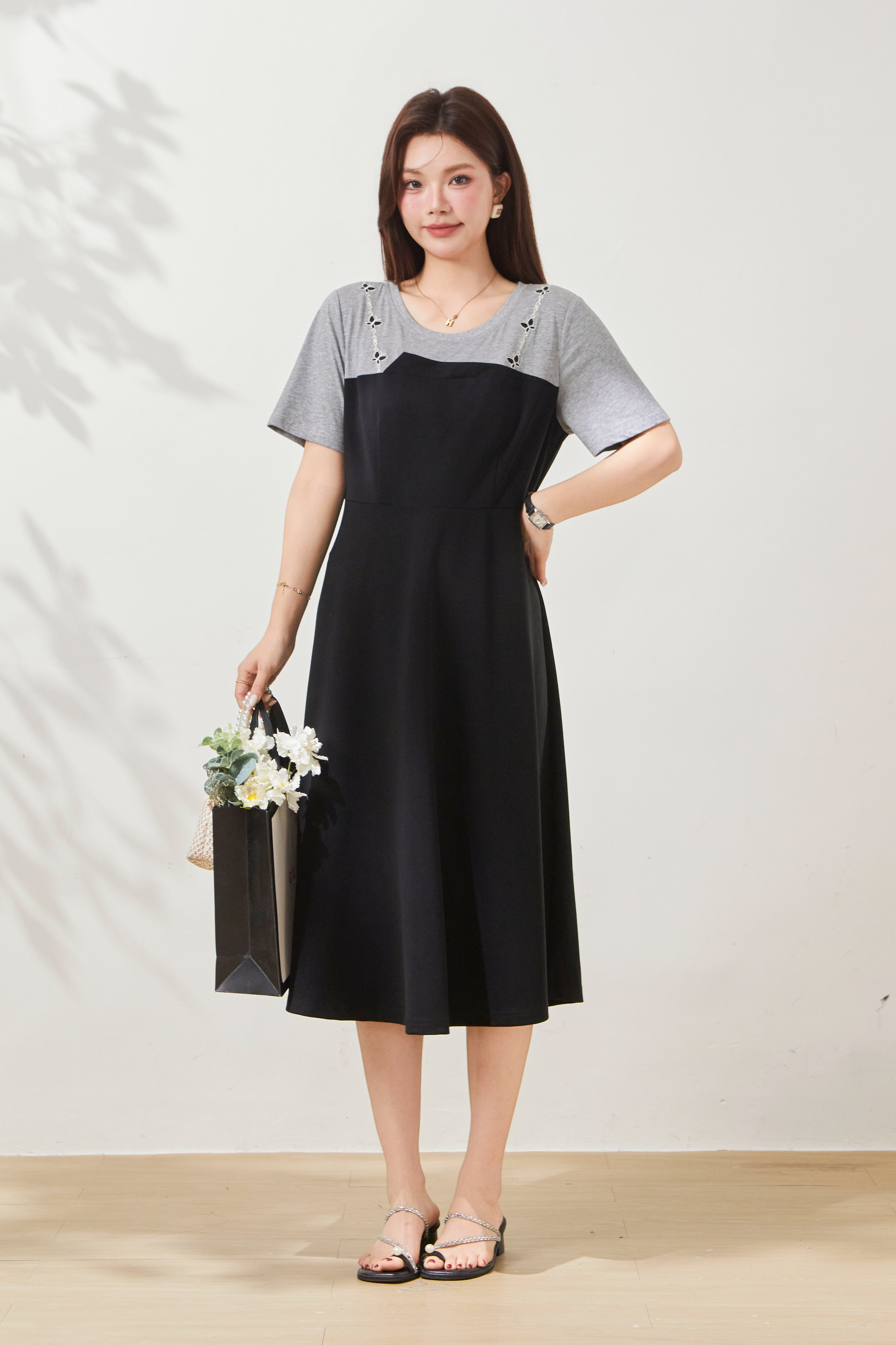 Two-piece illusion color-blocked knit dress FXQ7068