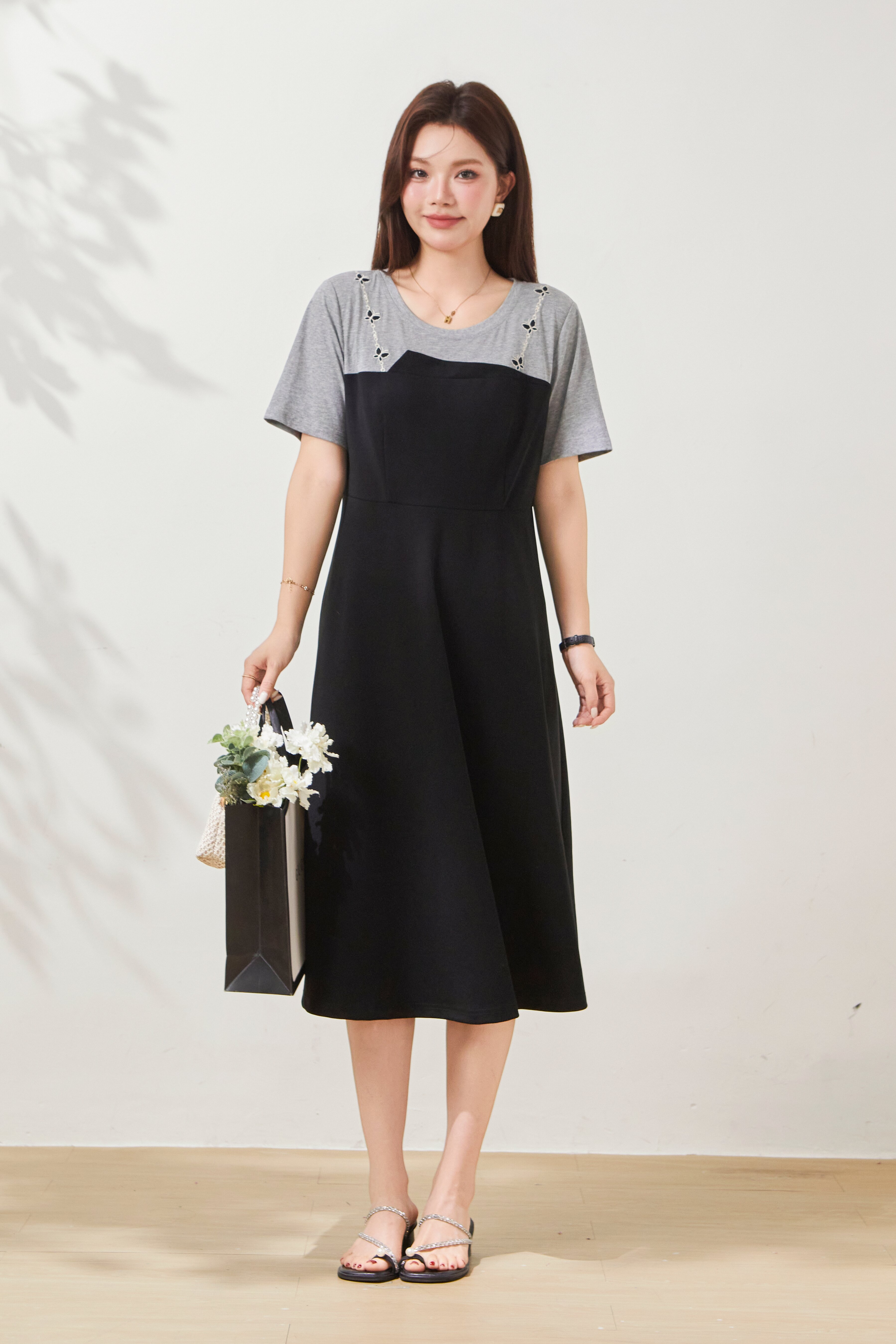 Two-piece illusion color-blocked knit dress FXQ7068