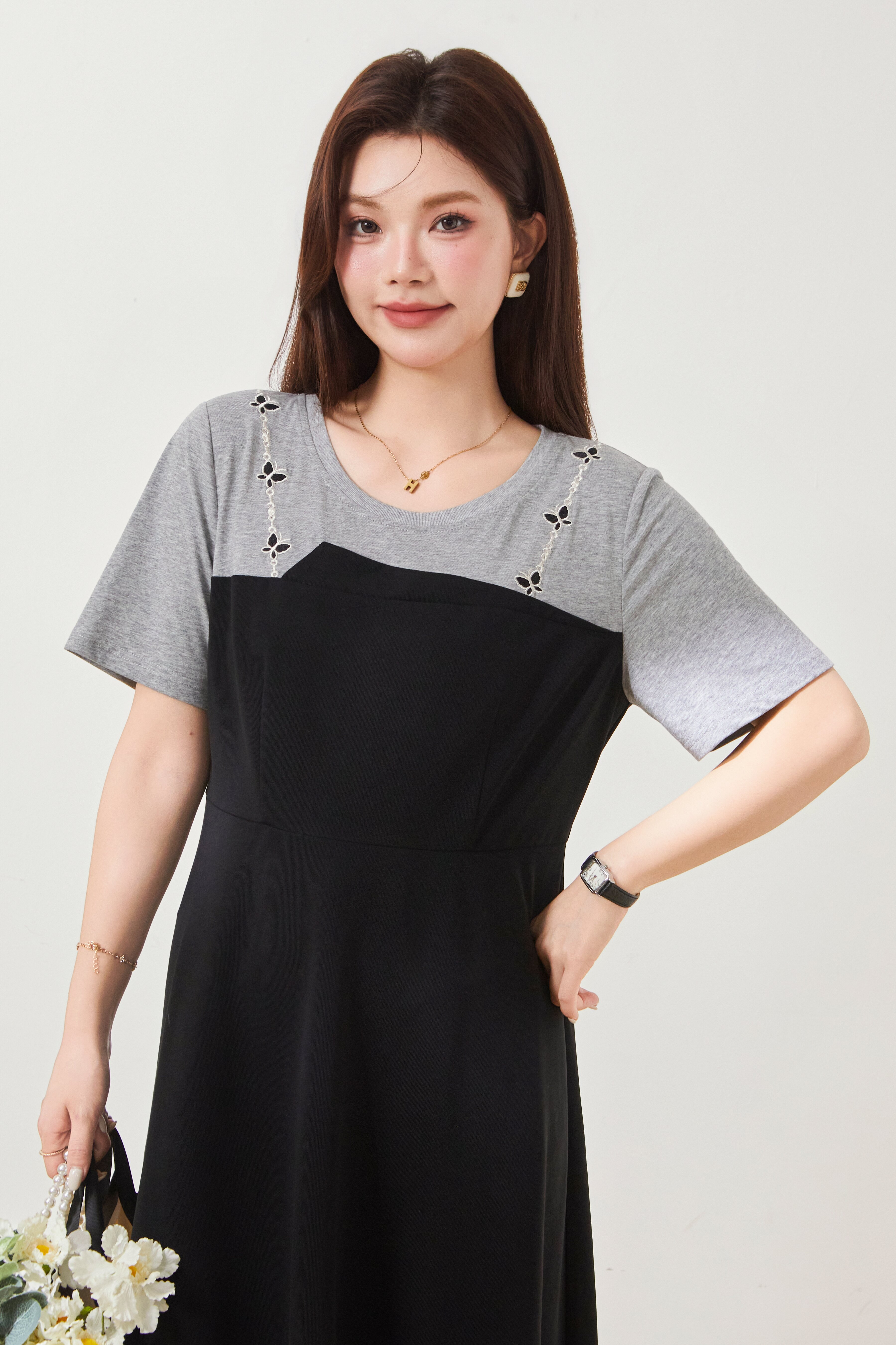 Two-piece illusion color-blocked knit dress FXQ7068