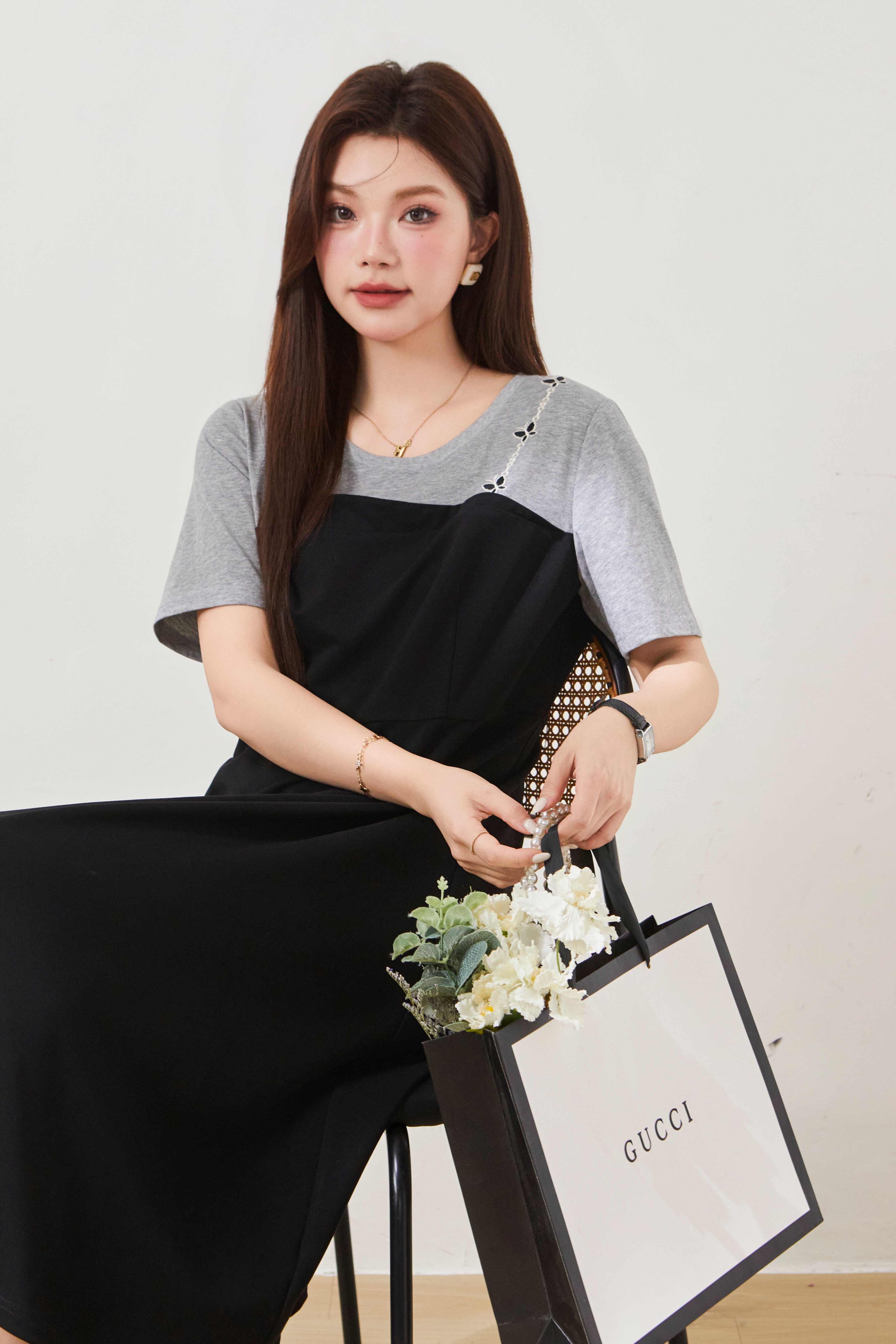 Two-piece illusion color-blocked knit dress FXQ7068