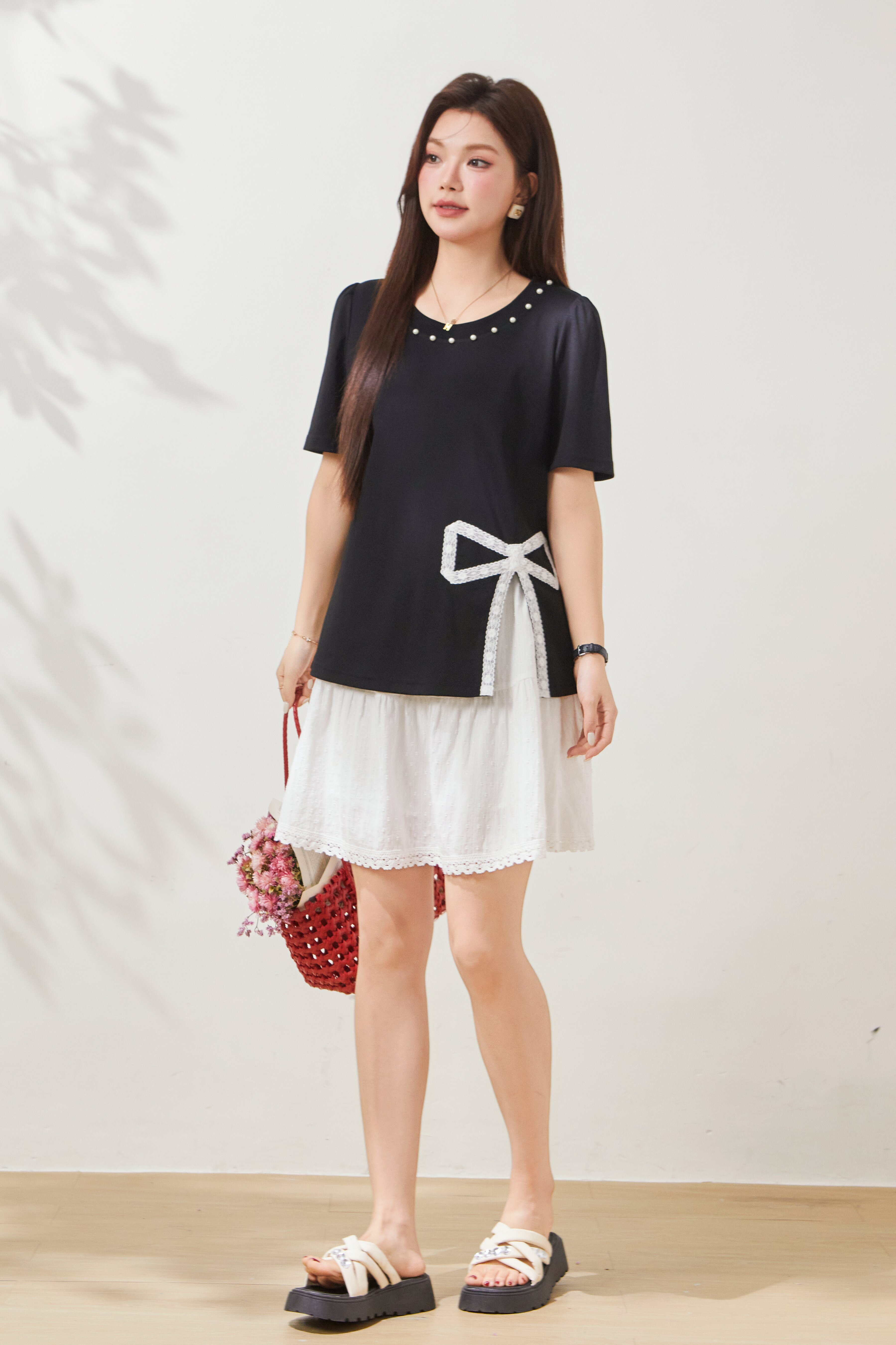 Round neck nail pearl slit temperament T shirt FXZ8060