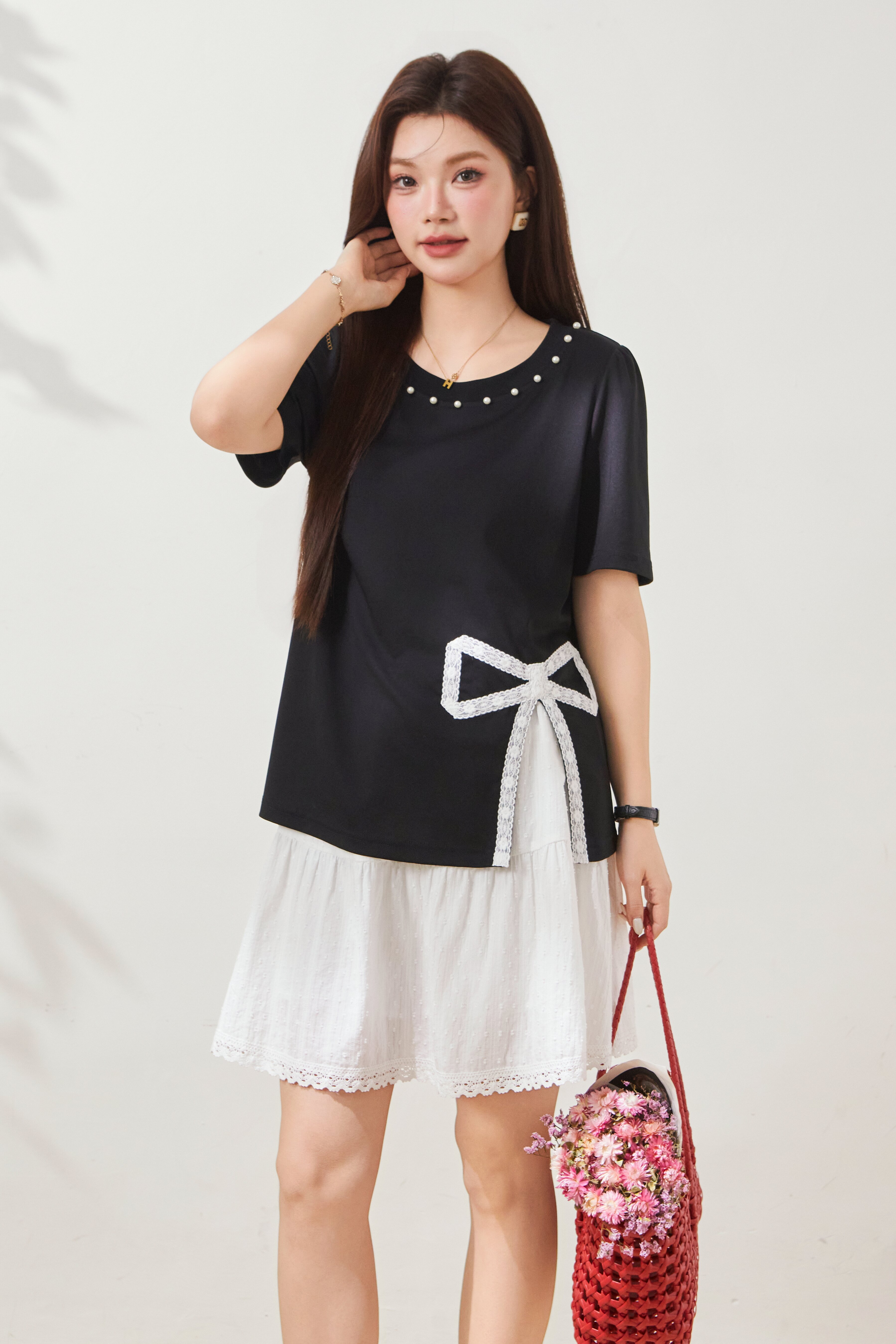 Round neck nail pearl slit temperament T shirt FXZ8060
