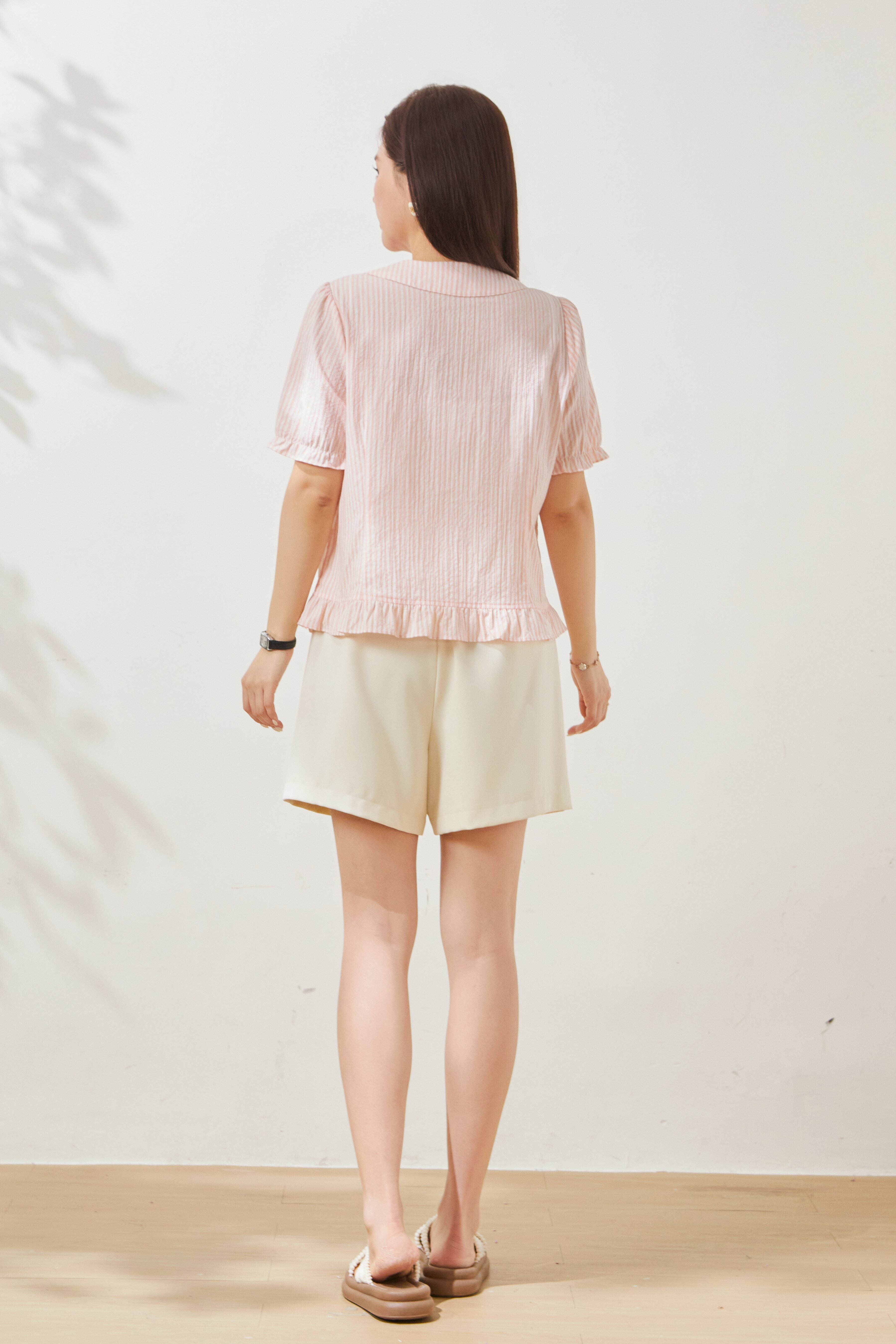 Bubble sleeve striped embroidered slim fit shirt FXA8059