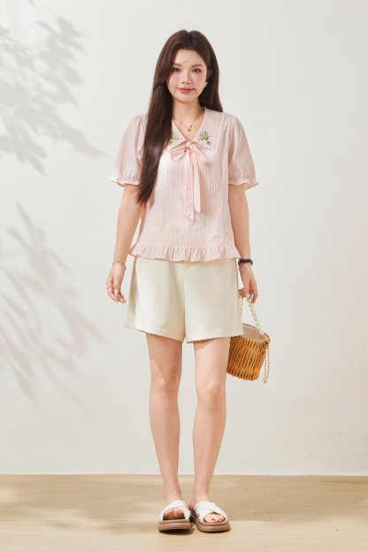 Bubble sleeve striped embroidered slim fit shirt FXA8059