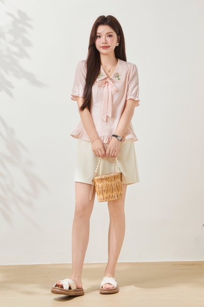 Bubble sleeve striped embroidered slim fit shirt FXA8059