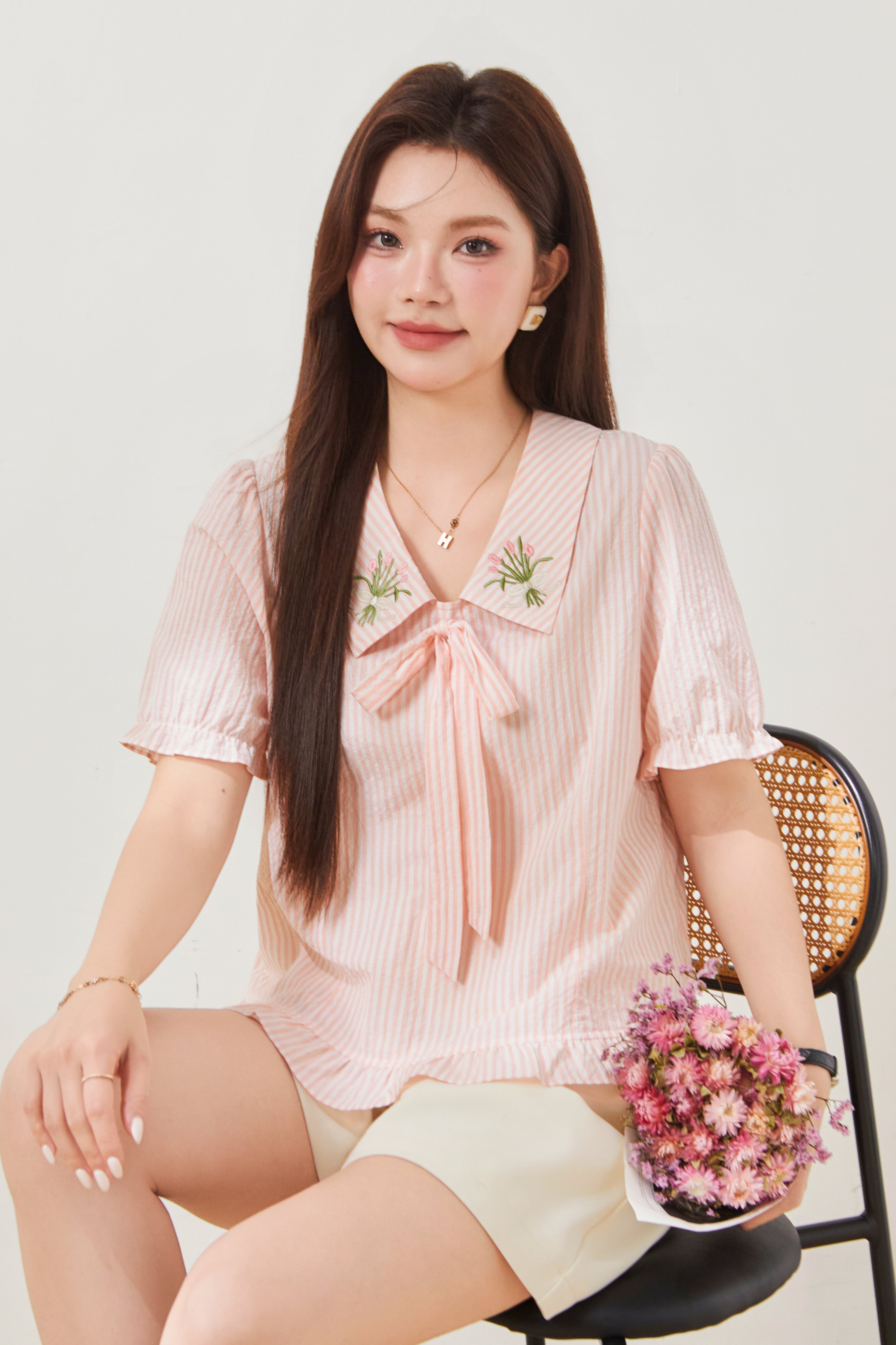 Bubble sleeve striped embroidered slim fit shirt FXA8059