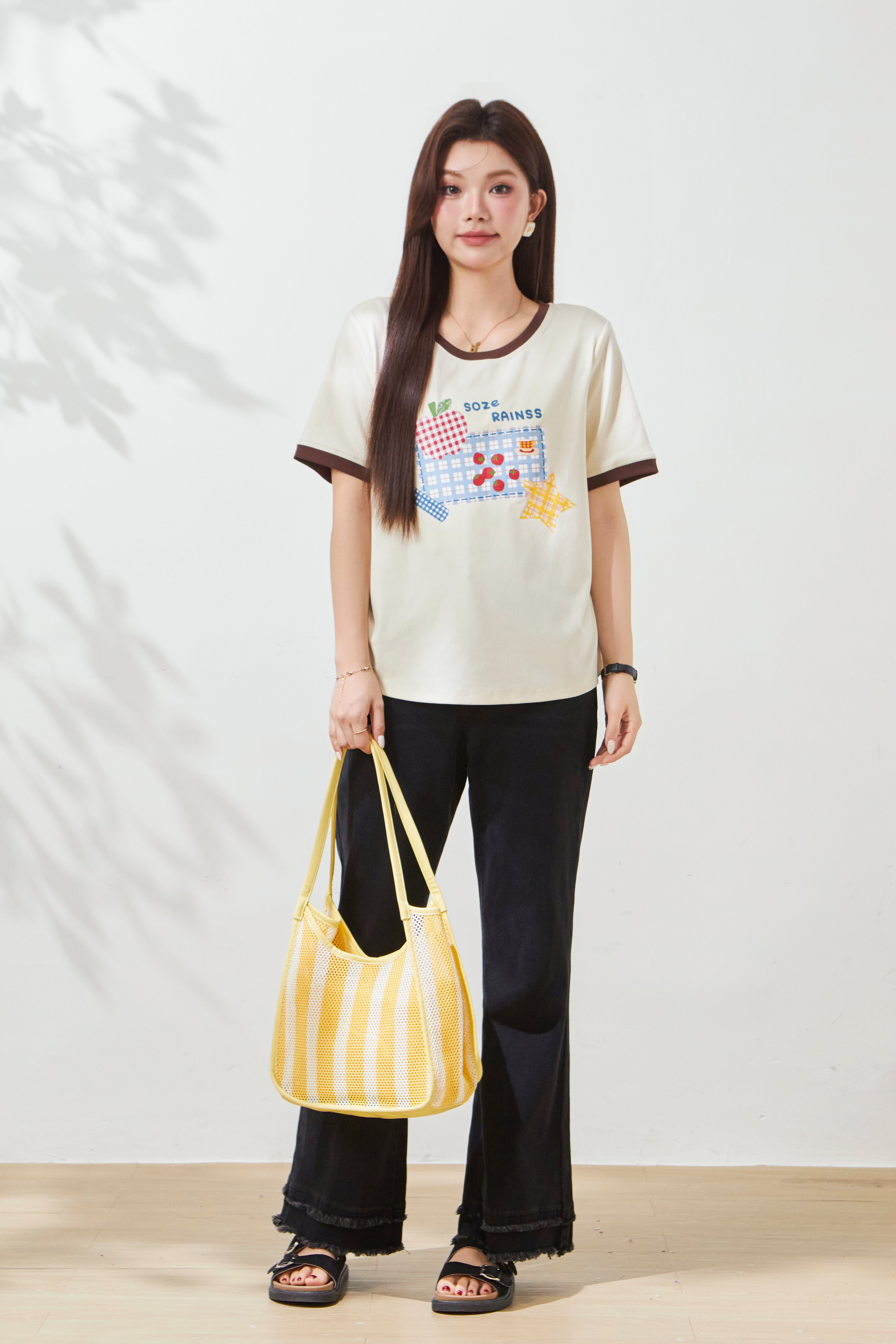 Fun Printed Color blocked Collar Waist T-shirt FXZ7083