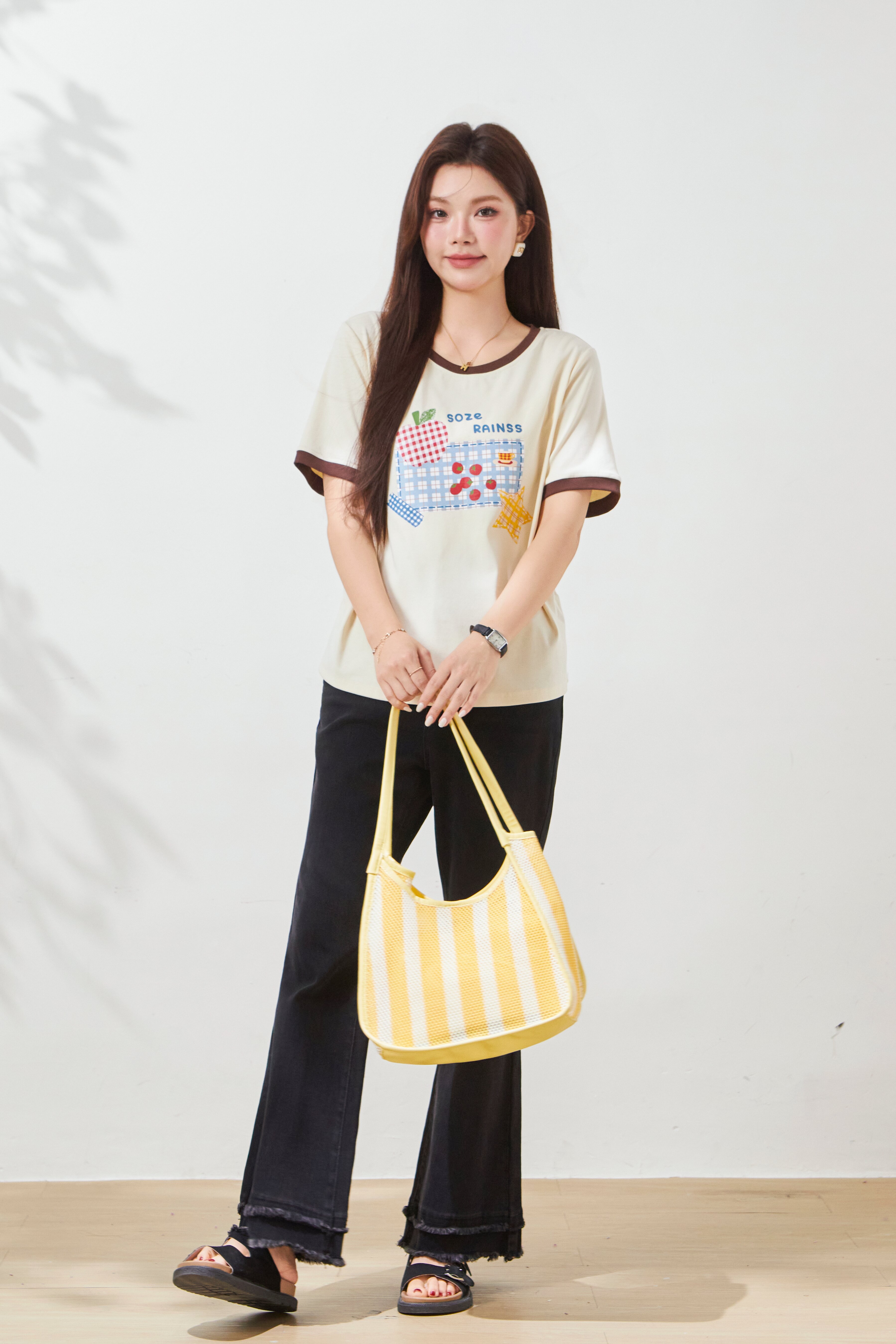 Fun Printed Color blocked Collar Waist T-shirt FXZ7083