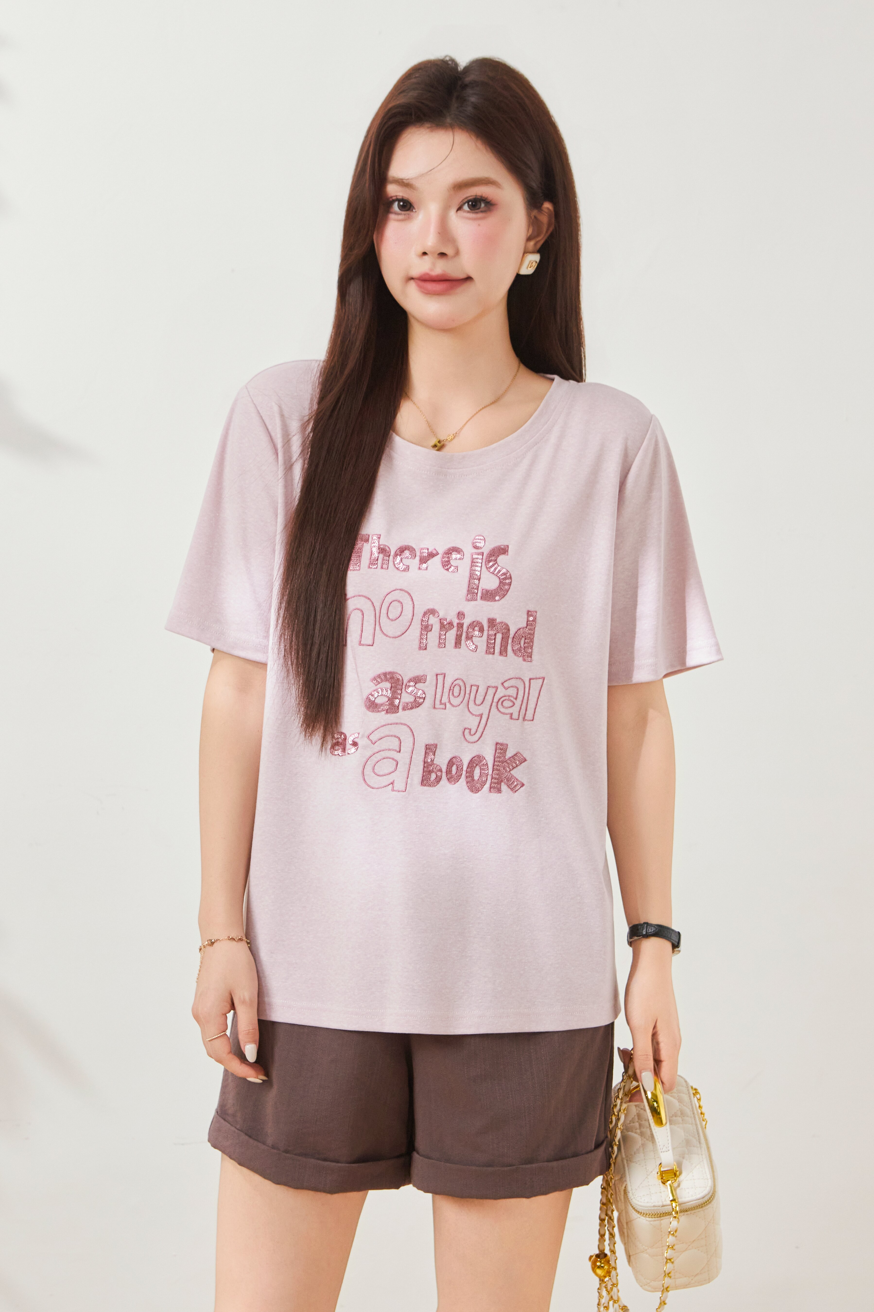 Loose round neck heavy-duty embroidered T-shirt FXZ8025