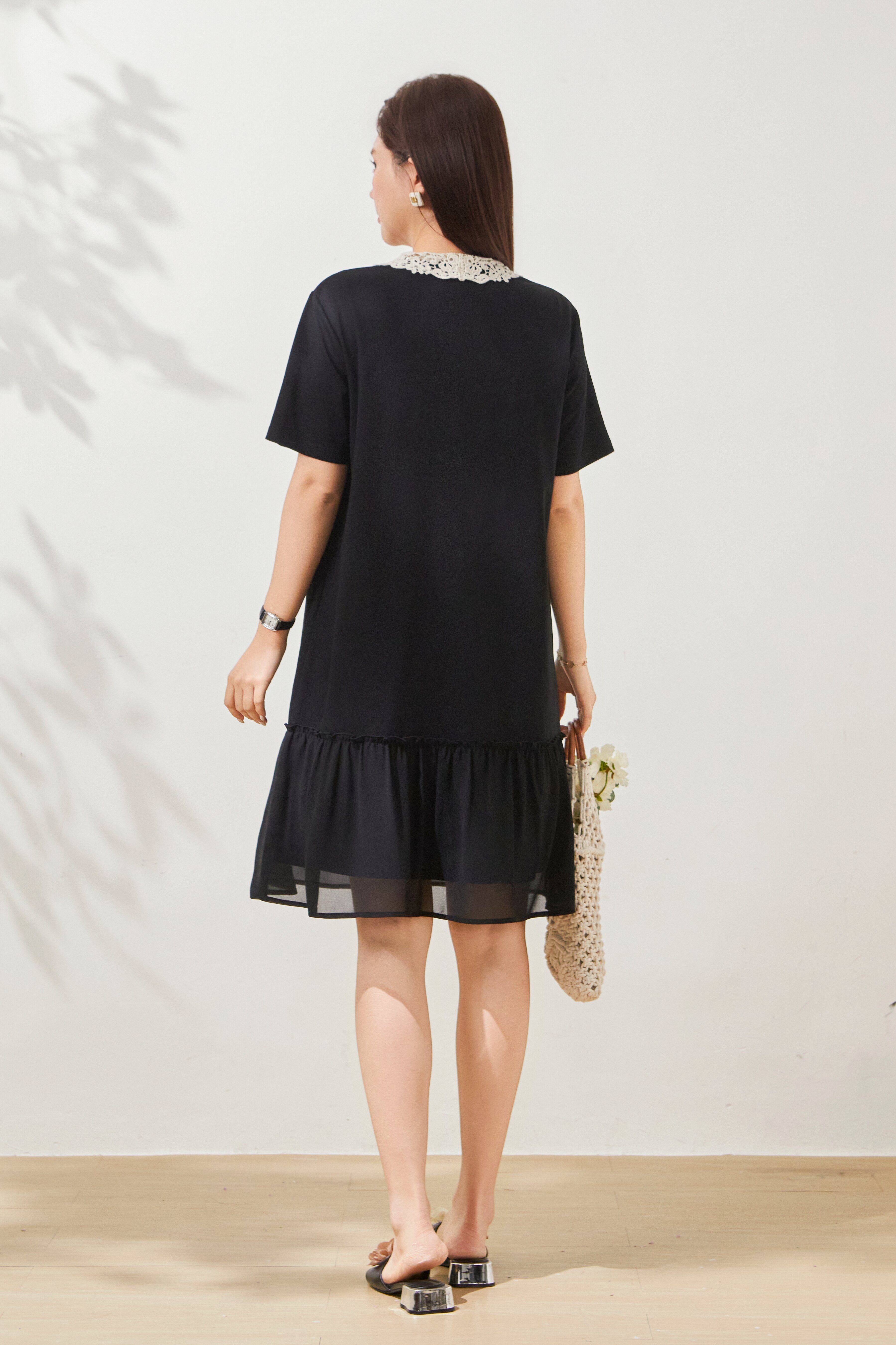 POLO collar hollowed out spliced chiffon dress FXQ8061