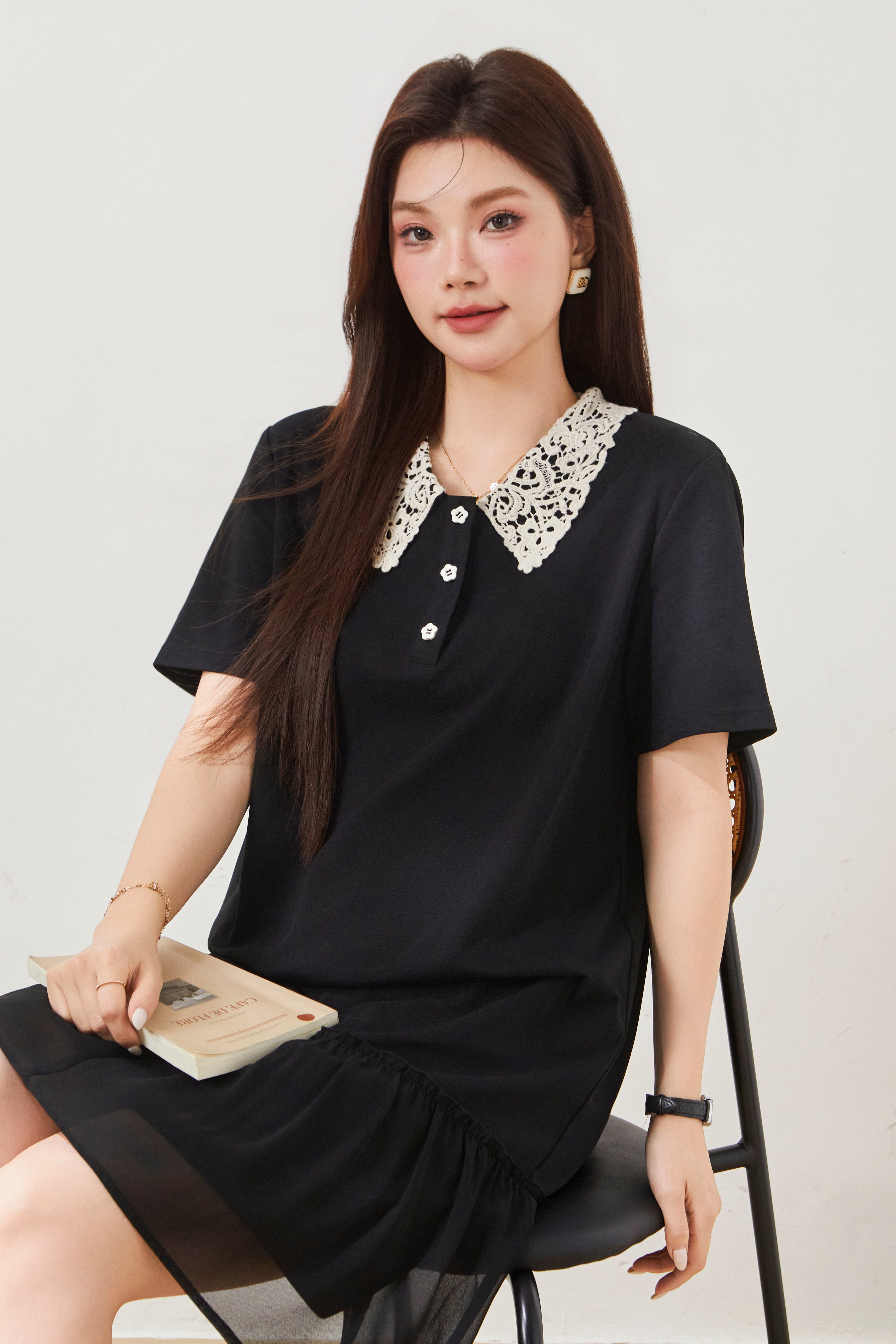 POLO collar hollowed out spliced chiffon dress FXQ8061