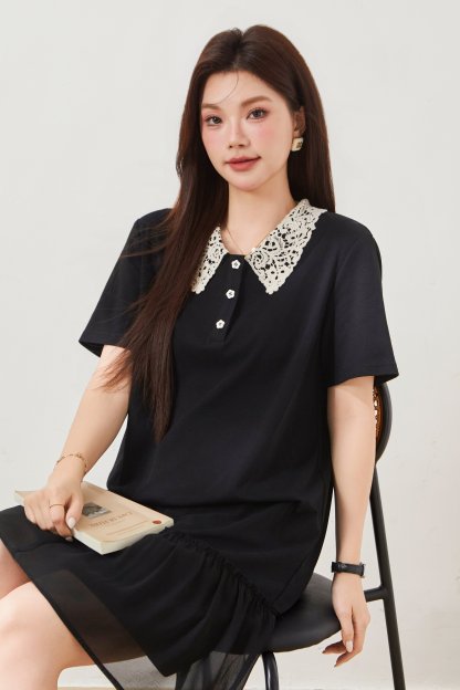 POLO collar hollowed out spliced chiffon dress FXQ8061