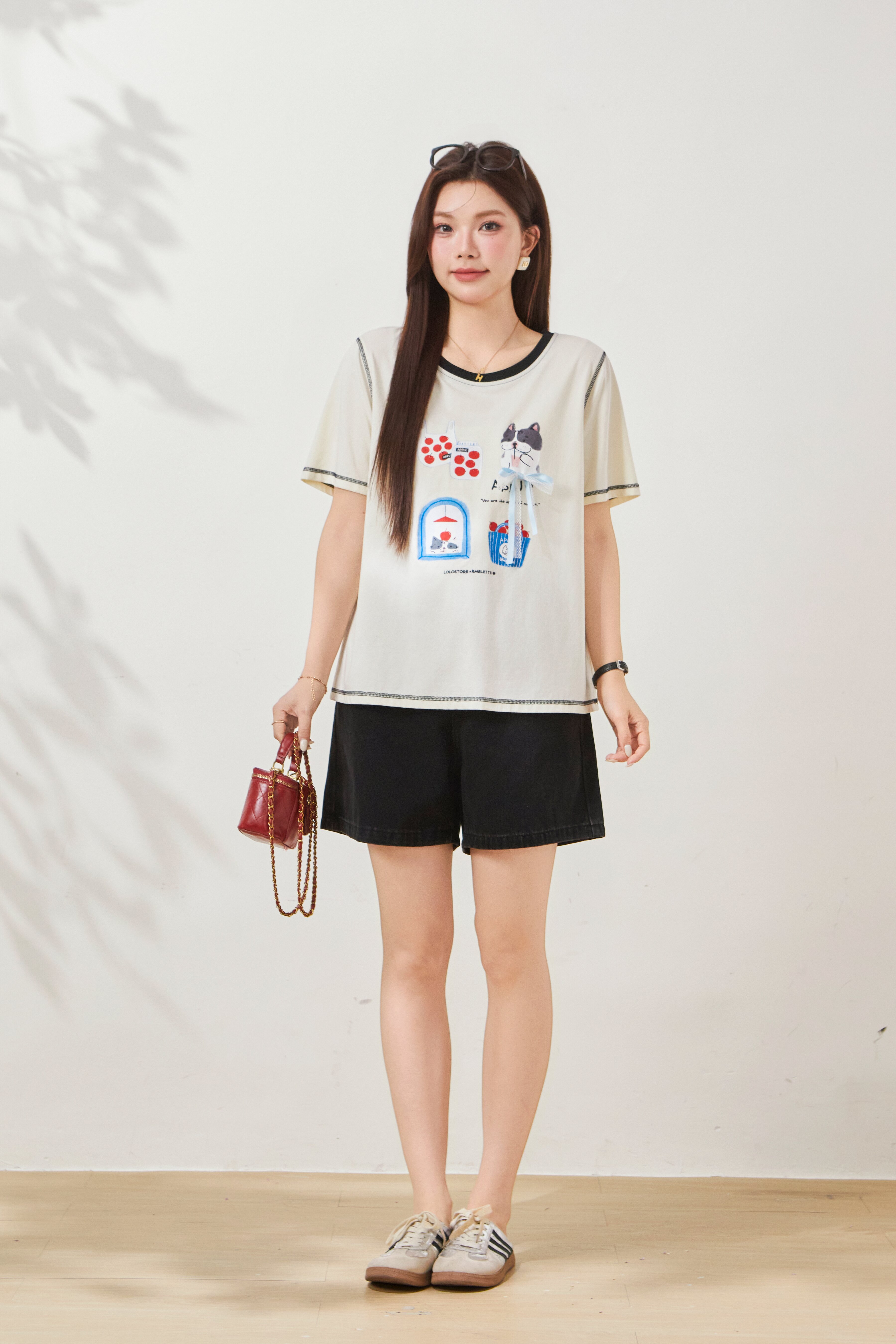 Cartoon Print Contrast Color Knit T-Shirt FXZ7071