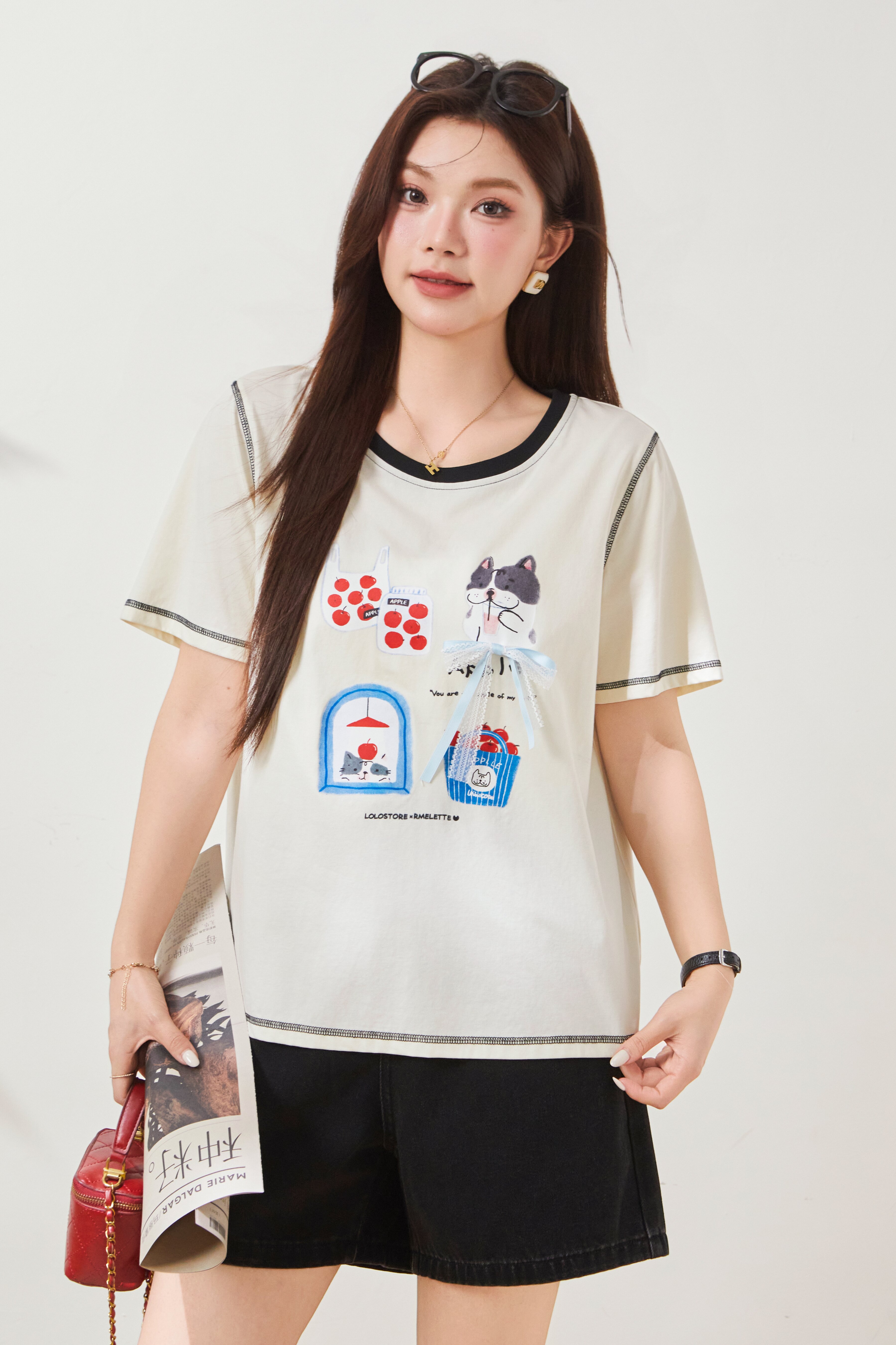 Cartoon Print Contrast Color Knit T-Shirt FXZ7071